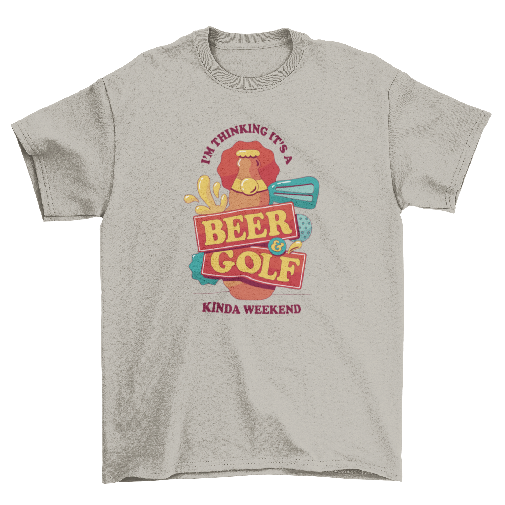 Beer and golf themed t-shirt featuring a beer bottle and golf equipment with a humorous quote.