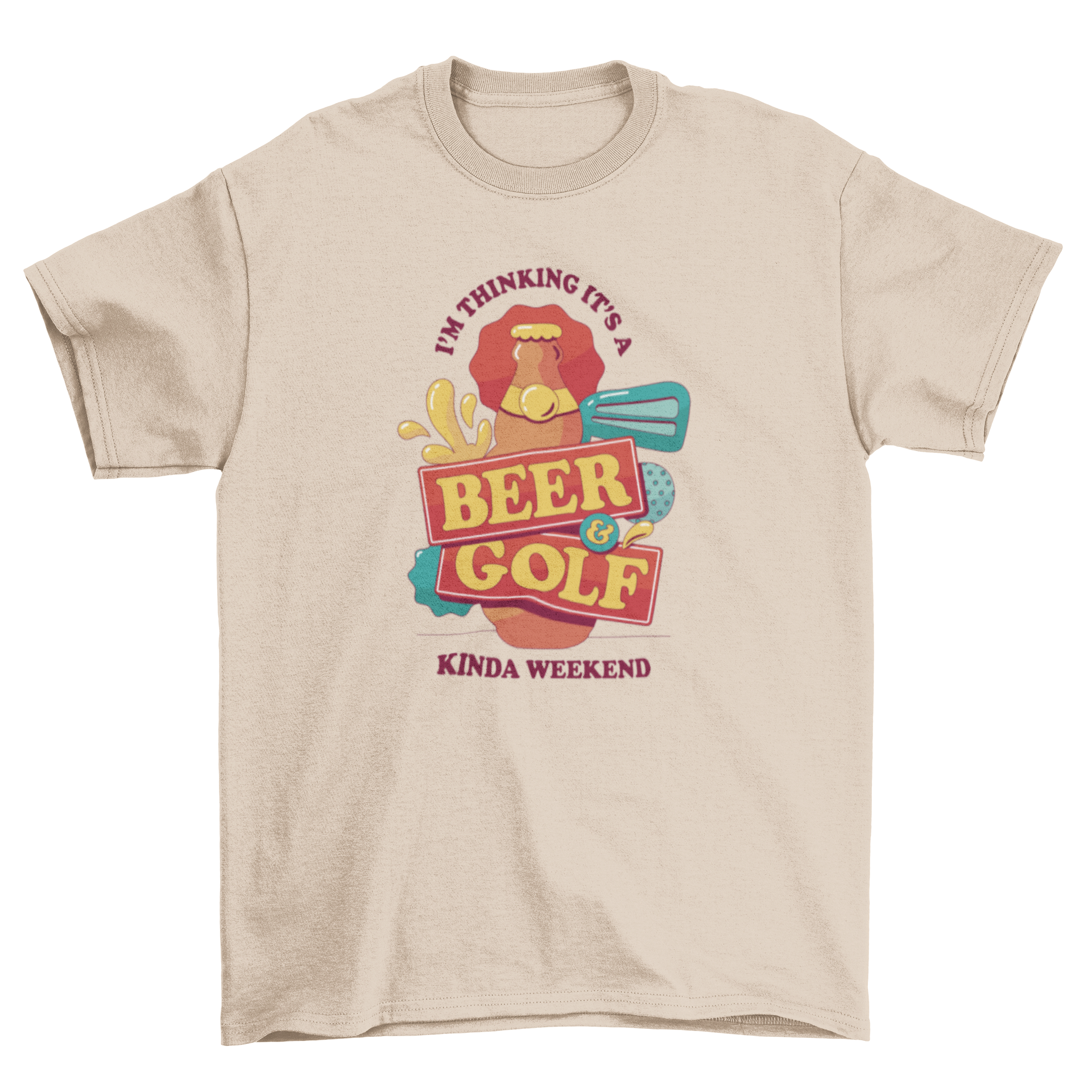 Beer and golf themed t-shirt featuring a beer bottle and golf equipment with a humorous quote.