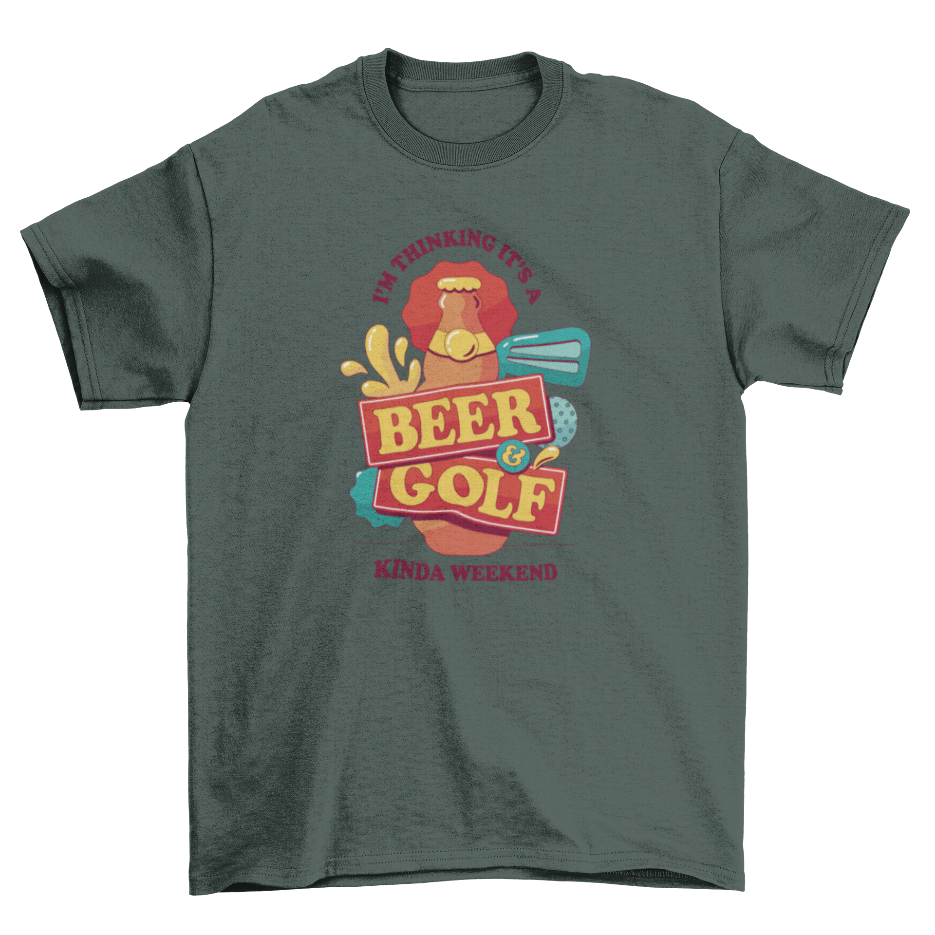 Beer and golf themed t-shirt featuring a beer bottle and golf equipment with a humorous quote.