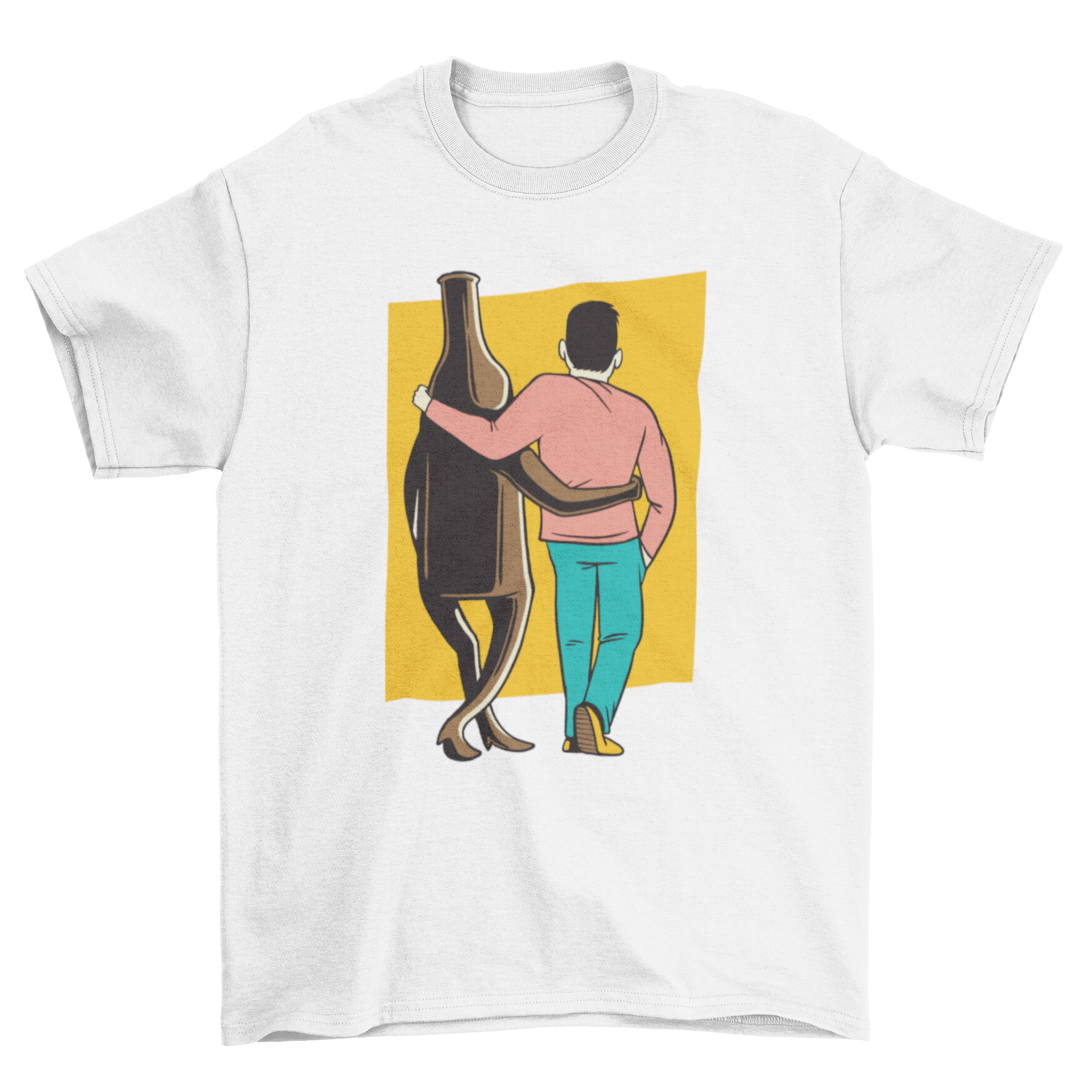 A stylish t-shirt featuring a man walking alongside a beer bottle, perfect for casual wear.