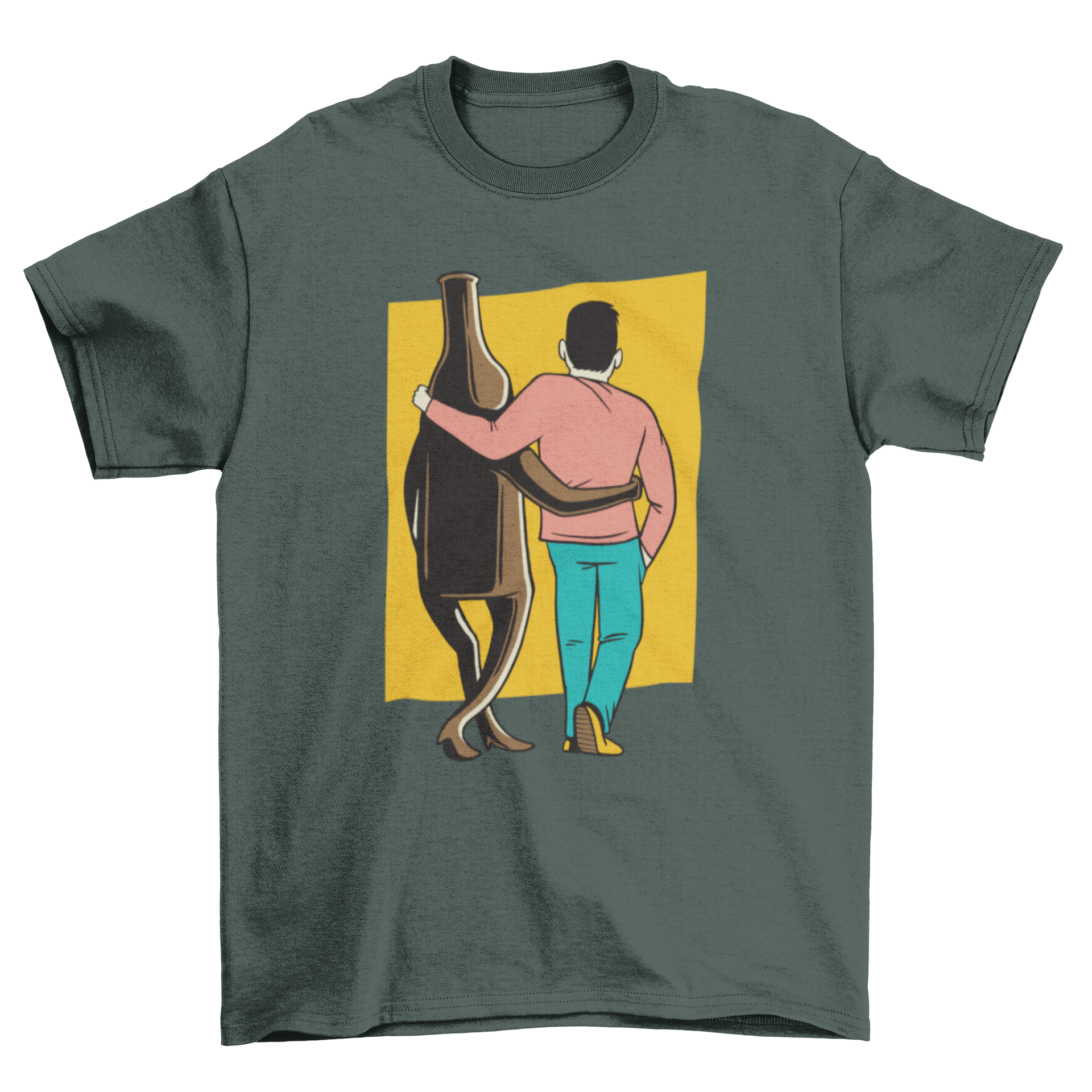 A stylish t-shirt featuring a man walking alongside a beer bottle, perfect for casual wear.