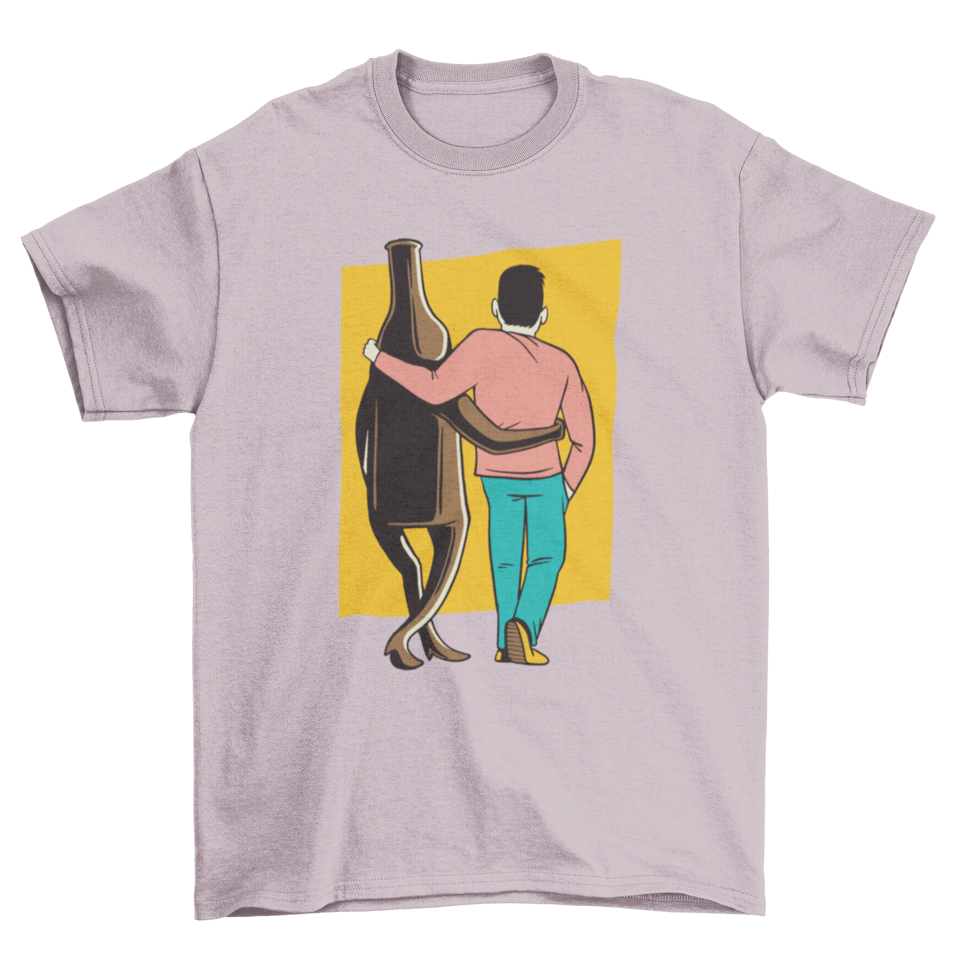 A stylish t-shirt featuring a man walking alongside a beer bottle, perfect for casual wear.