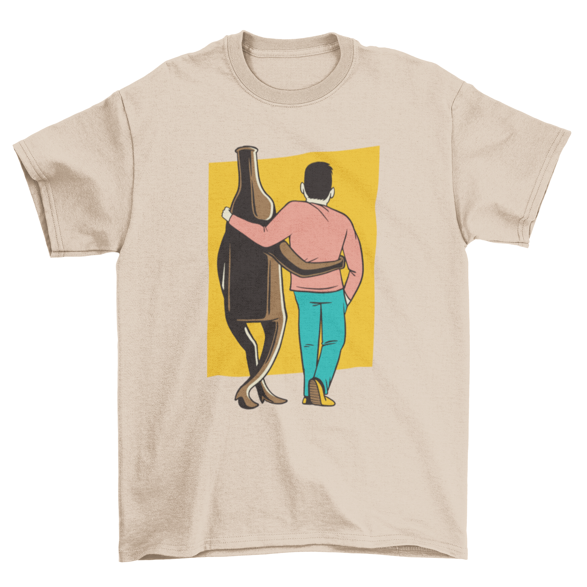 A stylish t-shirt featuring a man walking alongside a beer bottle, perfect for casual wear.