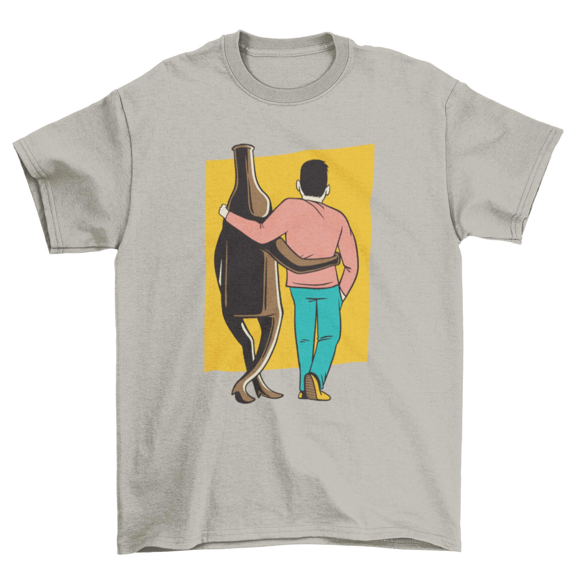 A stylish t-shirt featuring a man walking alongside a beer bottle, perfect for casual wear.