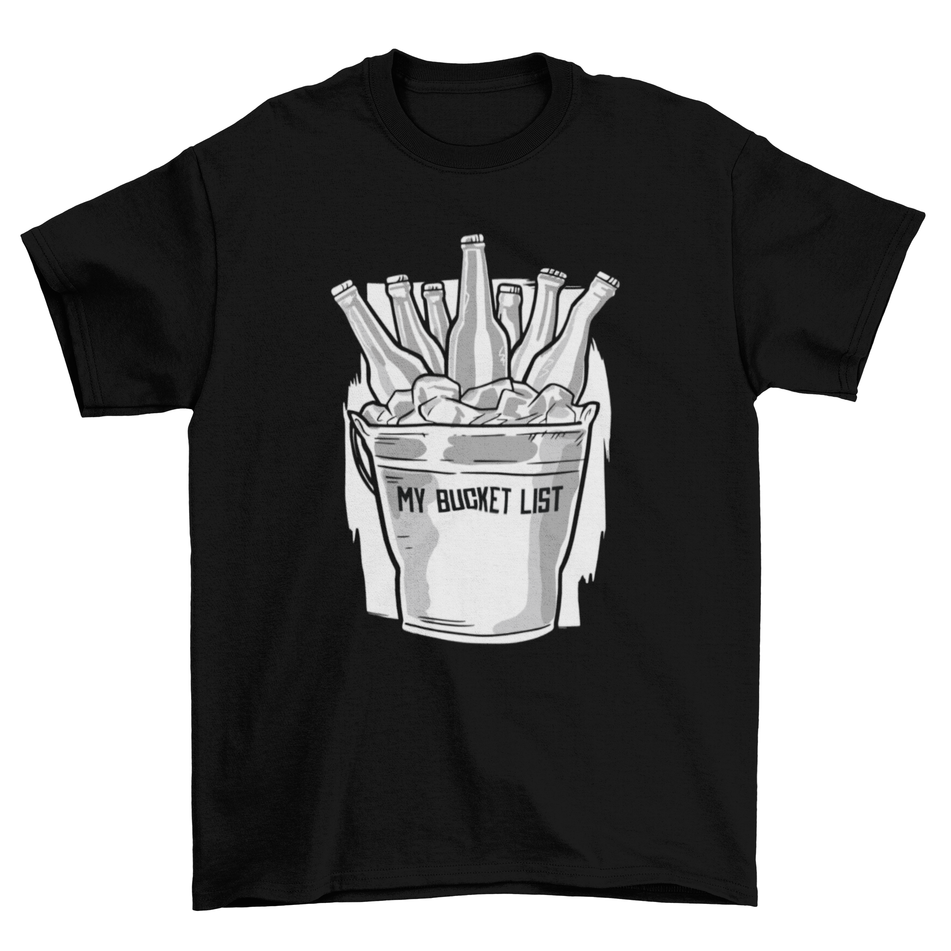 A humorous t-shirt featuring a bucket filled with ice and beers, with the text 'MY BUCKET LIST'.