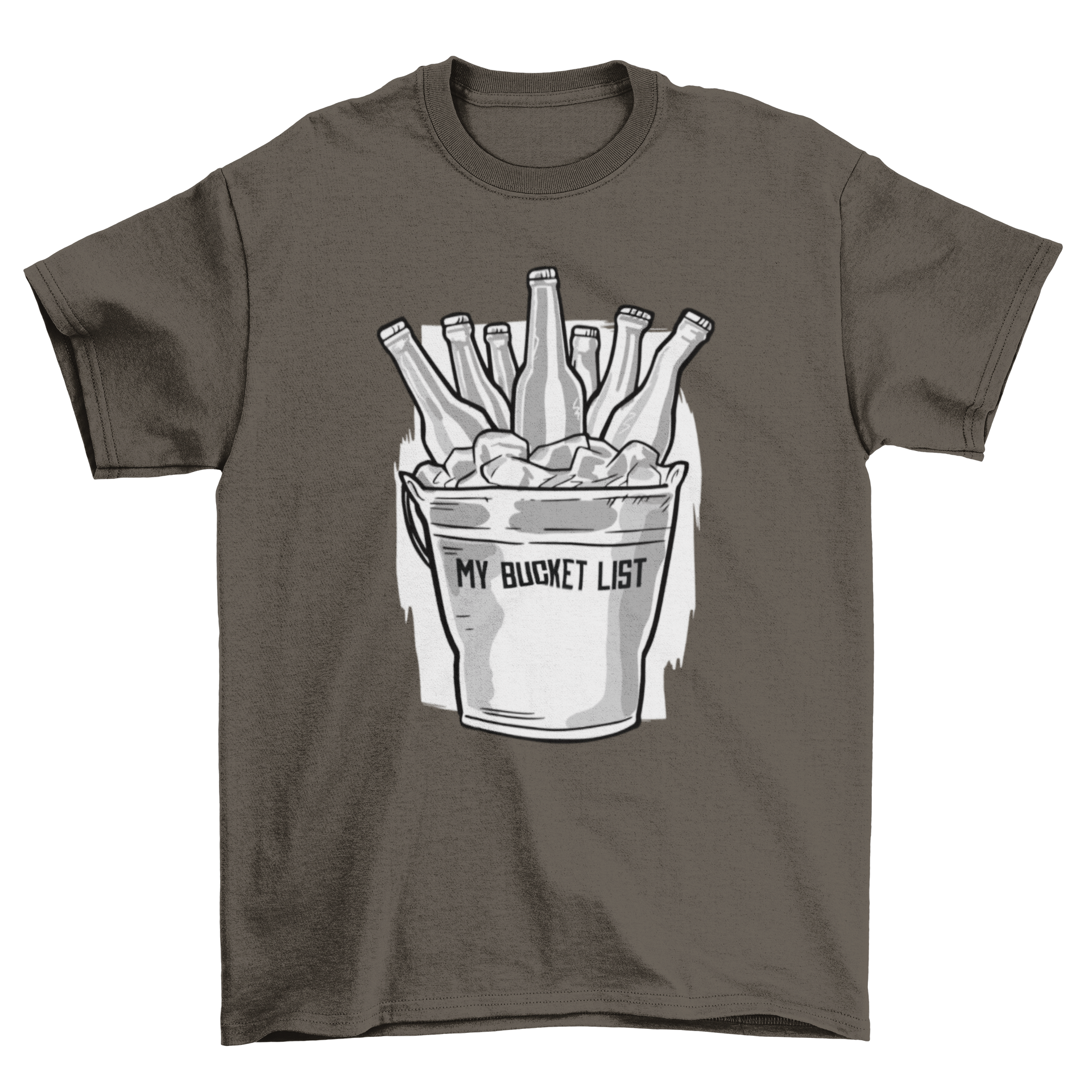 A humorous t-shirt featuring a bucket filled with ice and beers, with the text 'MY BUCKET LIST'.