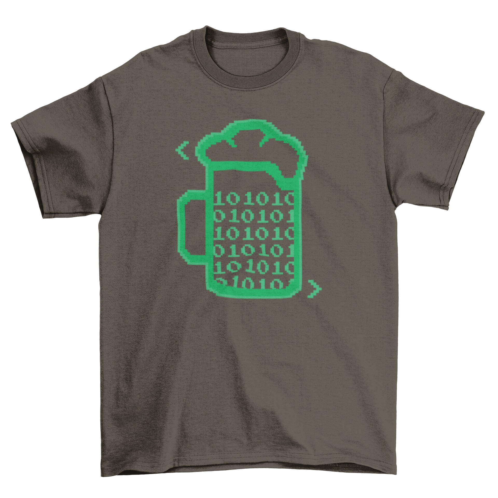 Beer Code T-Shirt featuring a beer glass filled with binary code design, perfect for tech and beer enthusiasts.