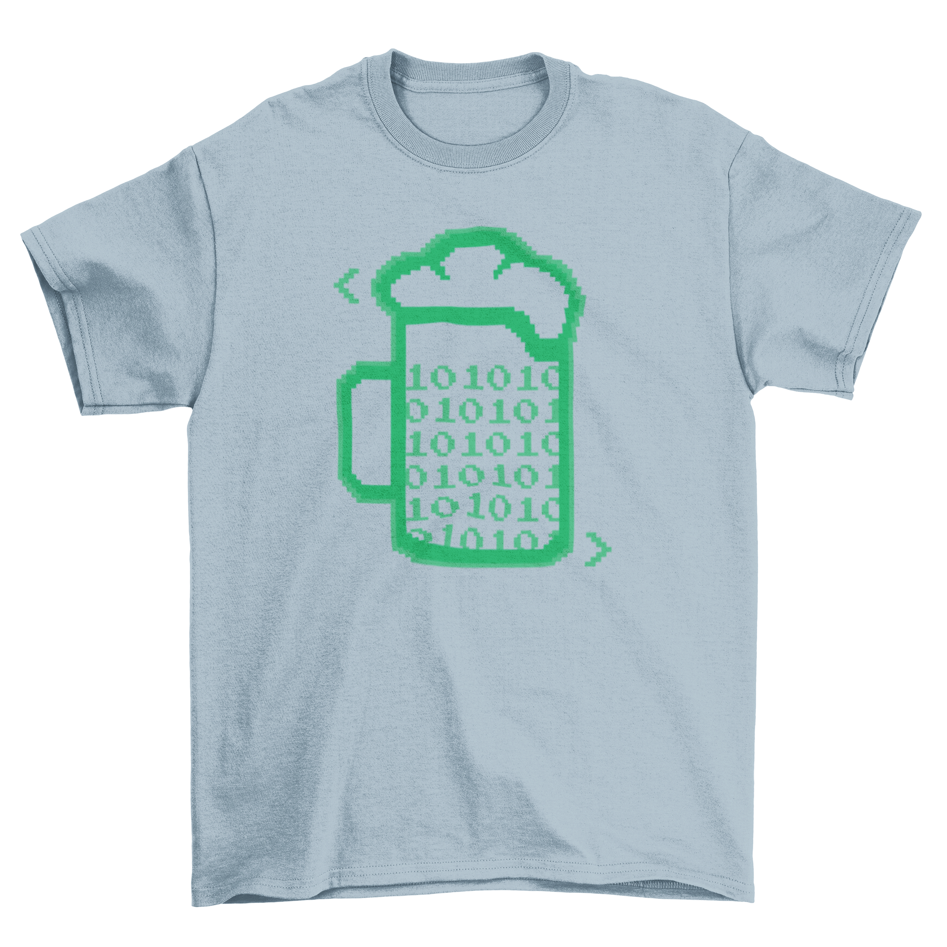 Beer Code T-Shirt featuring a beer glass filled with binary code design, perfect for tech and beer enthusiasts.