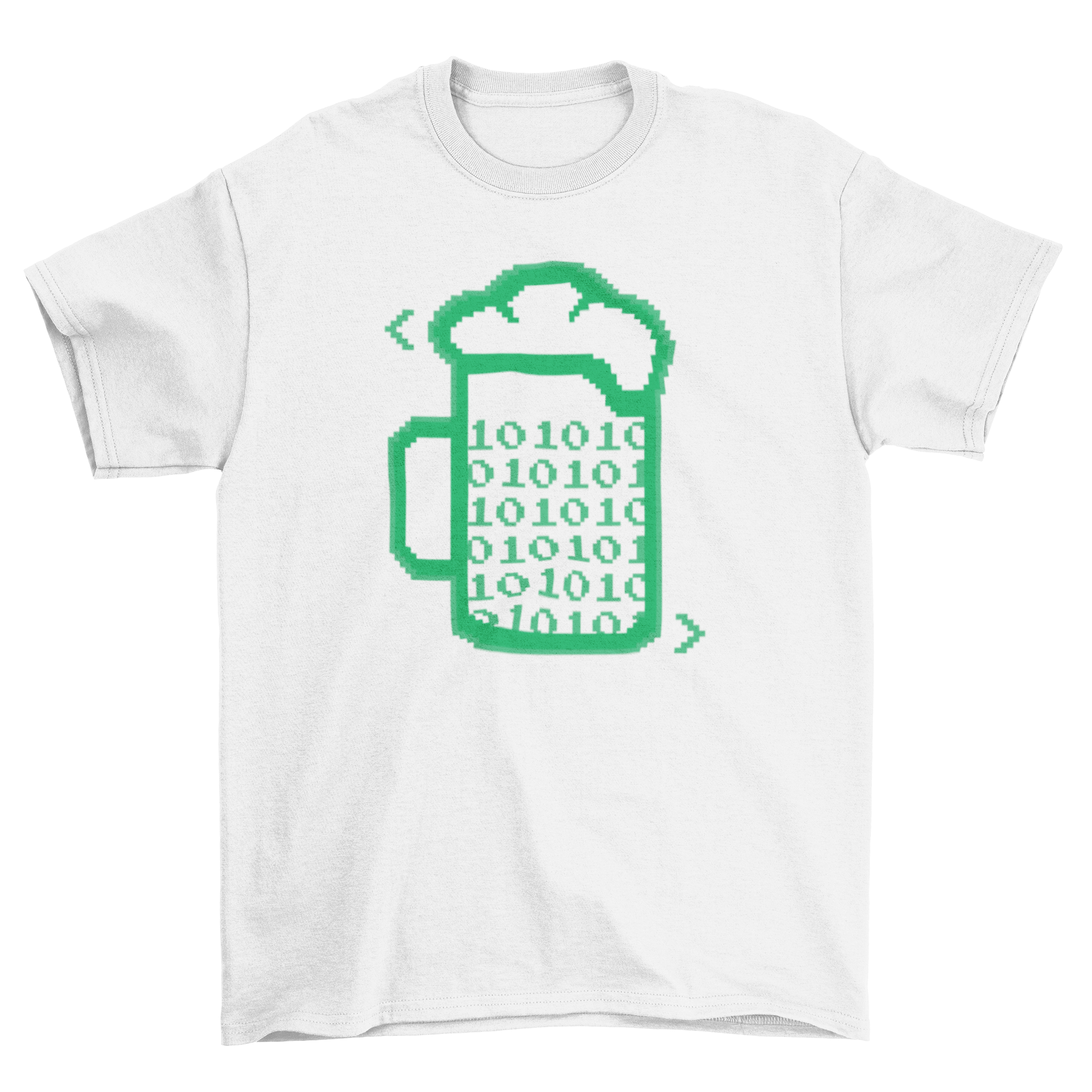 Beer Code T-Shirt featuring a beer glass filled with binary code design, perfect for tech and beer enthusiasts.