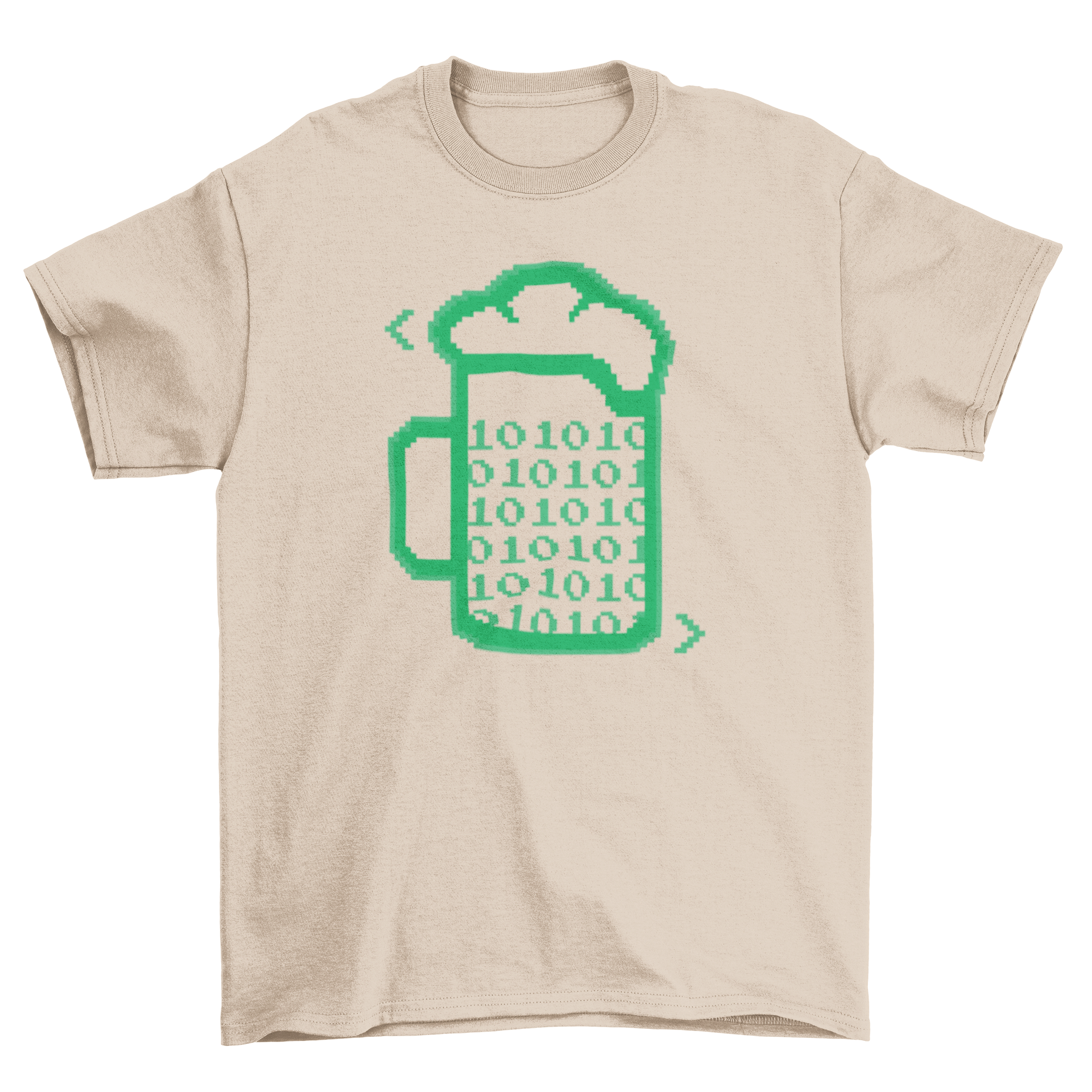 Beer Code T-Shirt featuring a beer glass filled with binary code design, perfect for tech and beer enthusiasts.