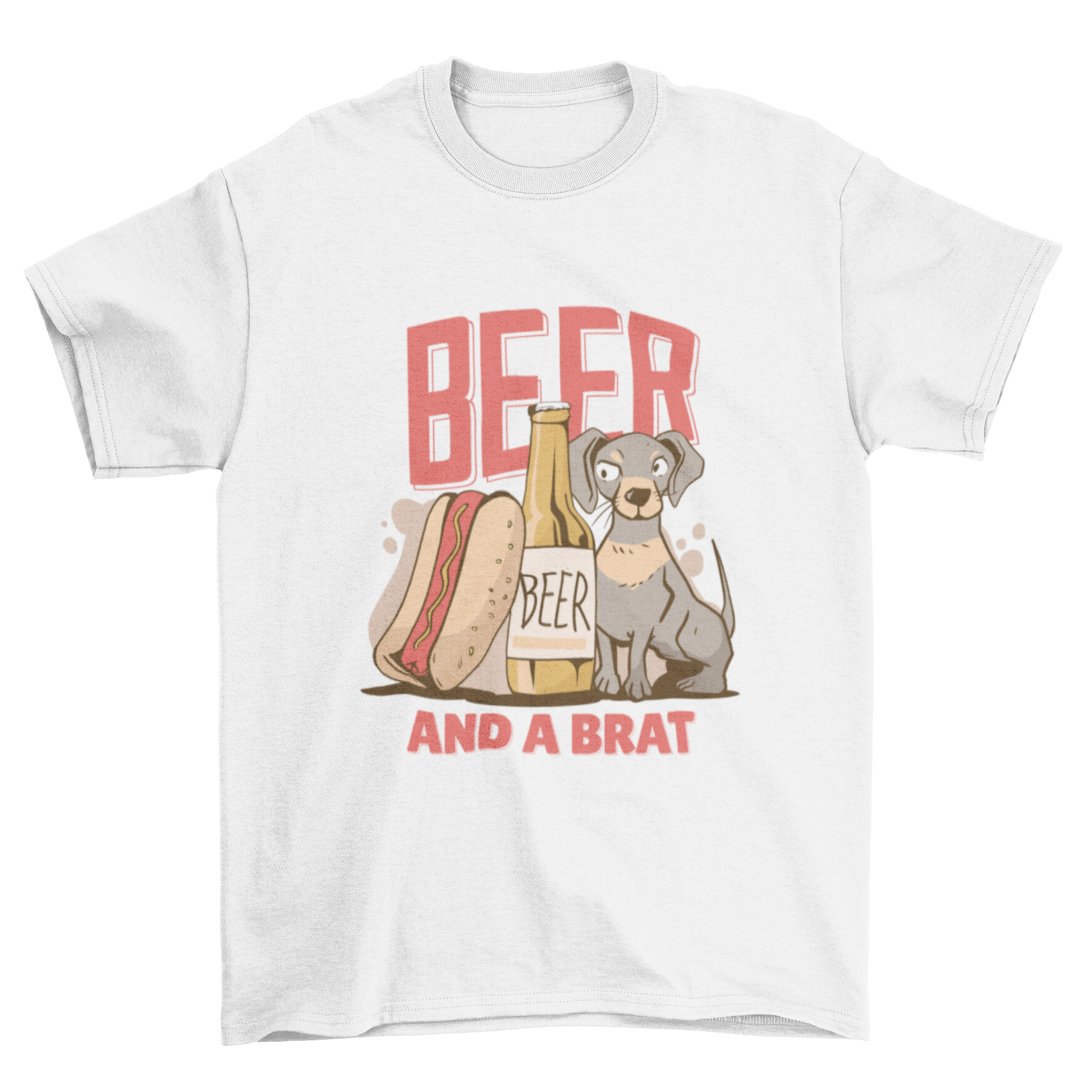 Beer Dog Text T-shirt featuring a hot dog, beer bottle, and dog illustration with the text 'BEER AND A BRAT'.