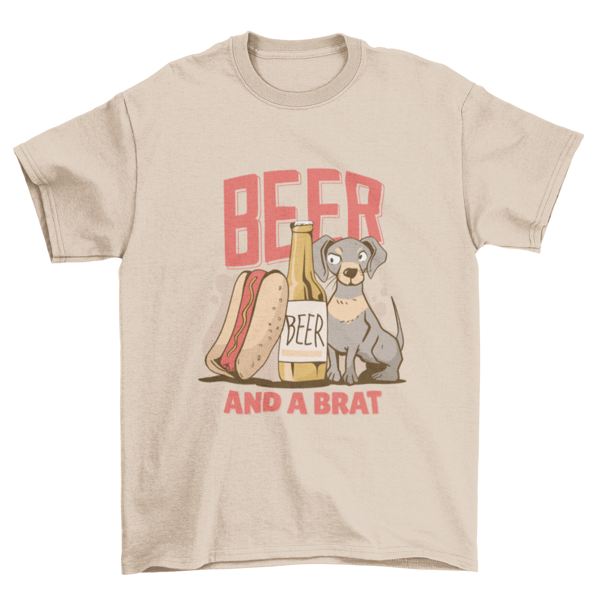 Beer Dog Text T-shirt featuring a hot dog, beer bottle, and dog illustration with the text 'BEER AND A BRAT'.