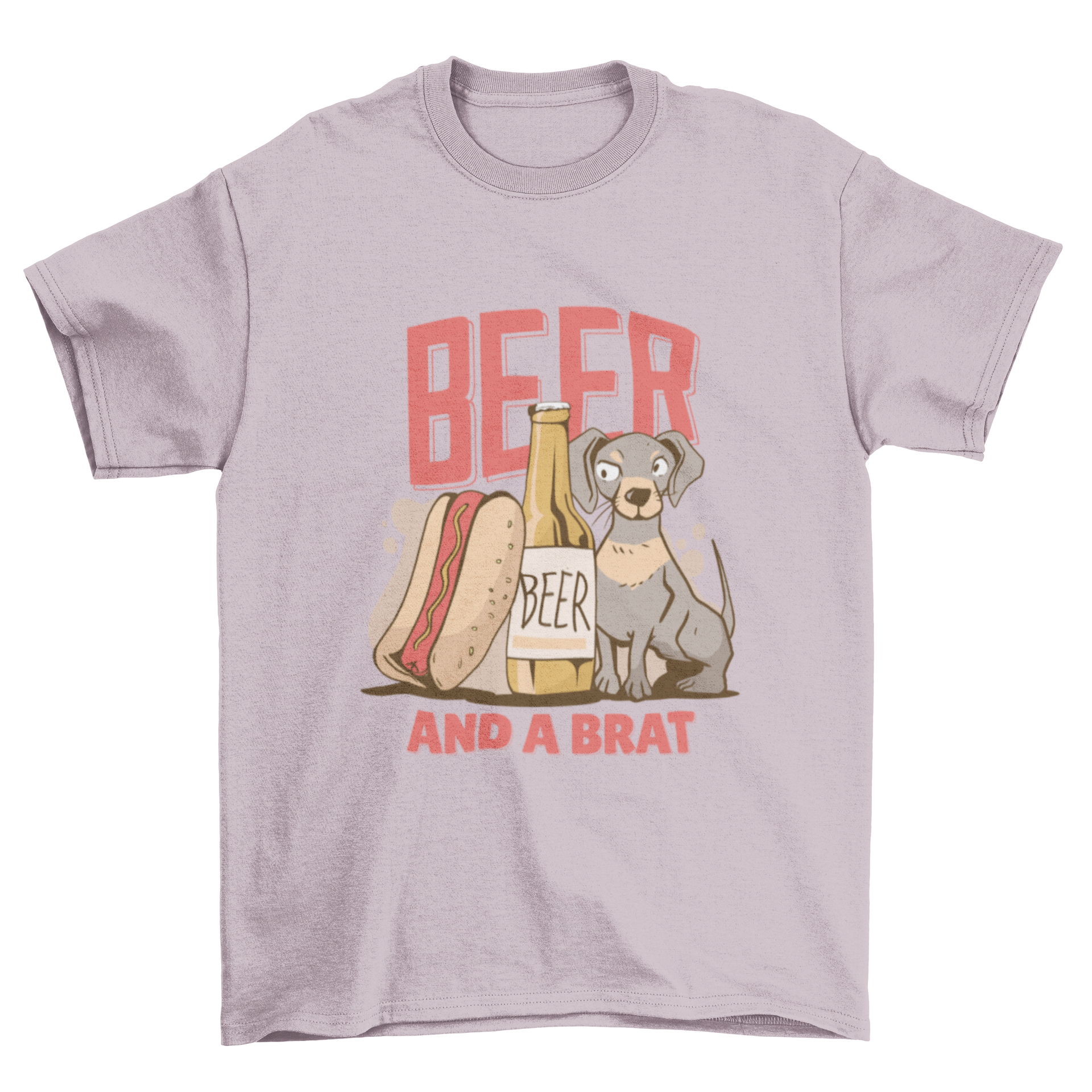 Beer Dog Text T-shirt featuring a hot dog, beer bottle, and dog illustration with the text 'BEER AND A BRAT'.