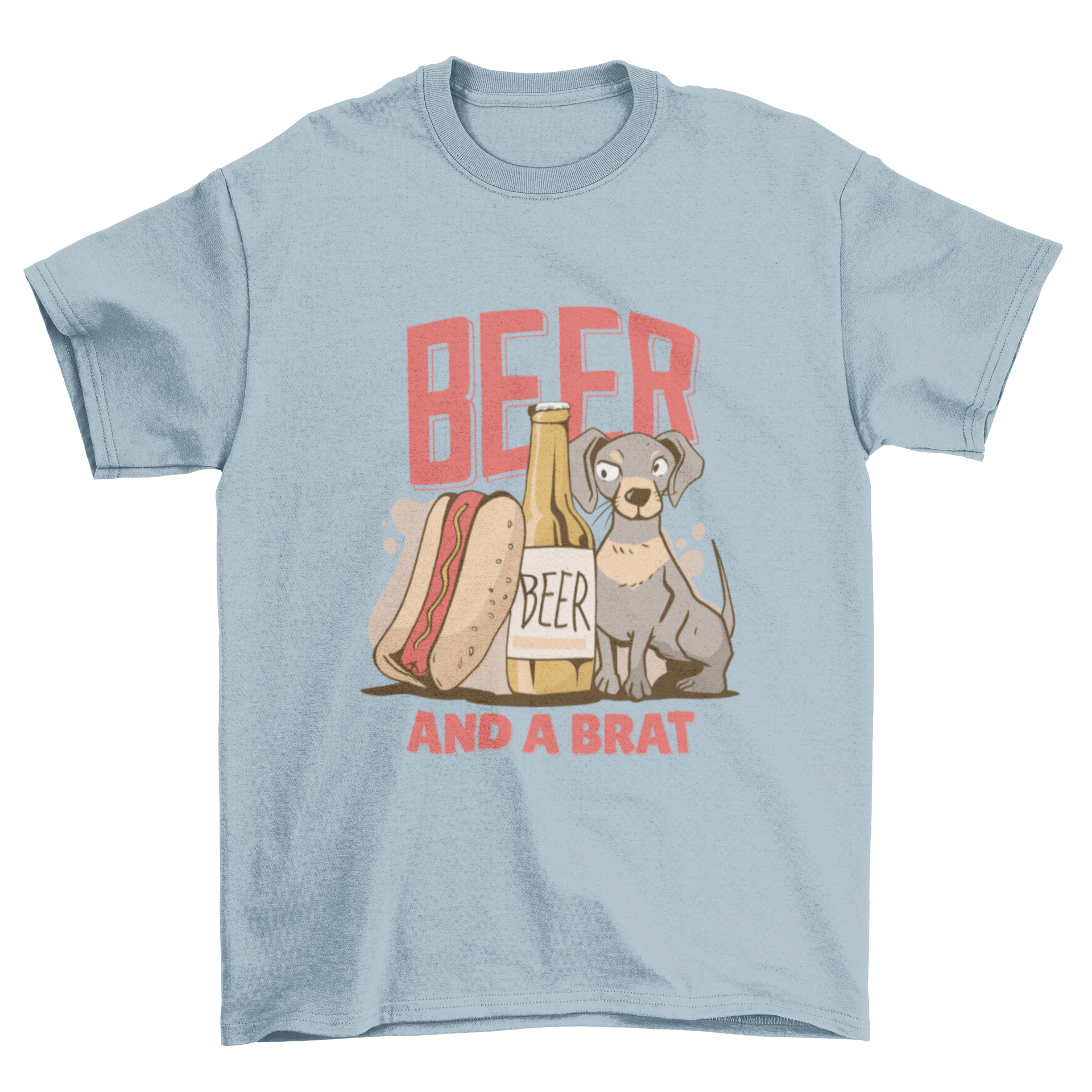 Beer Dog Text T-shirt featuring a hot dog, beer bottle, and dog illustration with the text 'BEER AND A BRAT'.