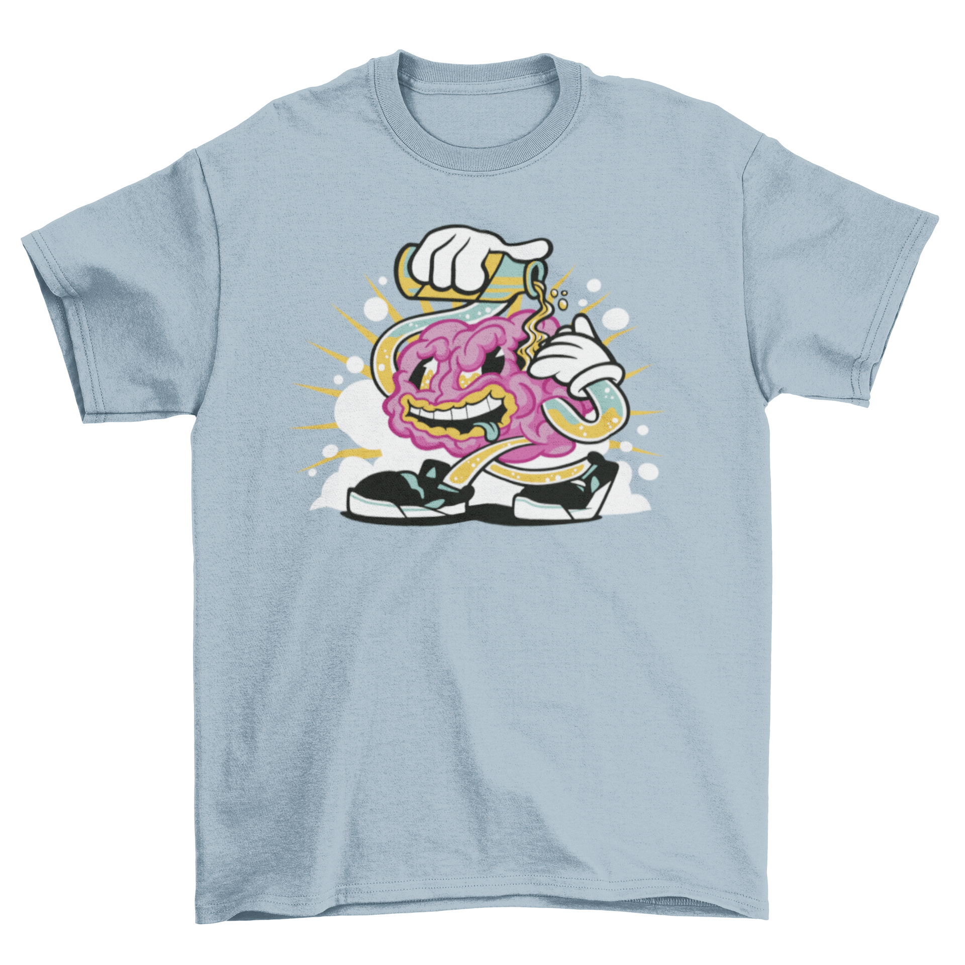 A humorous cartoon t-shirt featuring a brain pouring beer on itself, showcasing a fun and quirky design.