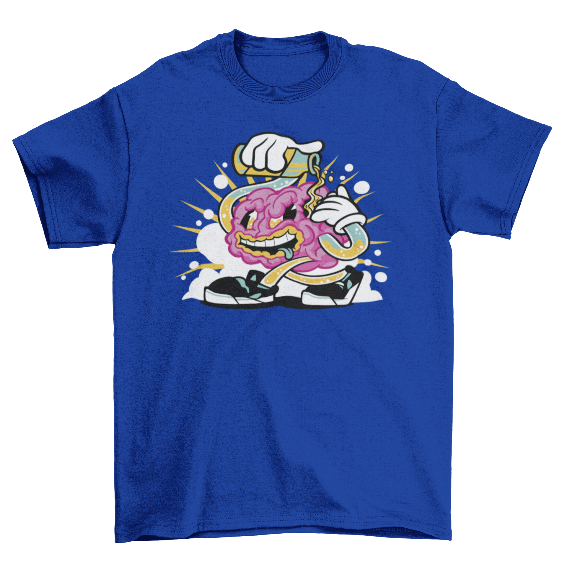 A humorous cartoon t-shirt featuring a brain pouring beer on itself, showcasing a fun and quirky design.