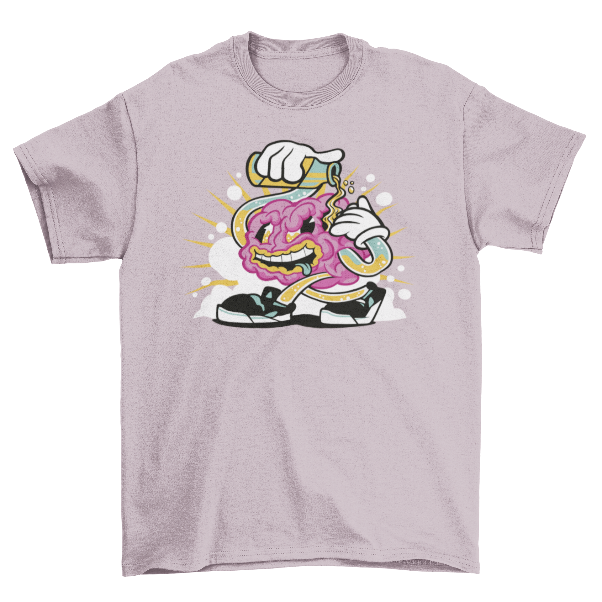 A humorous cartoon t-shirt featuring a brain pouring beer on itself, showcasing a fun and quirky design.