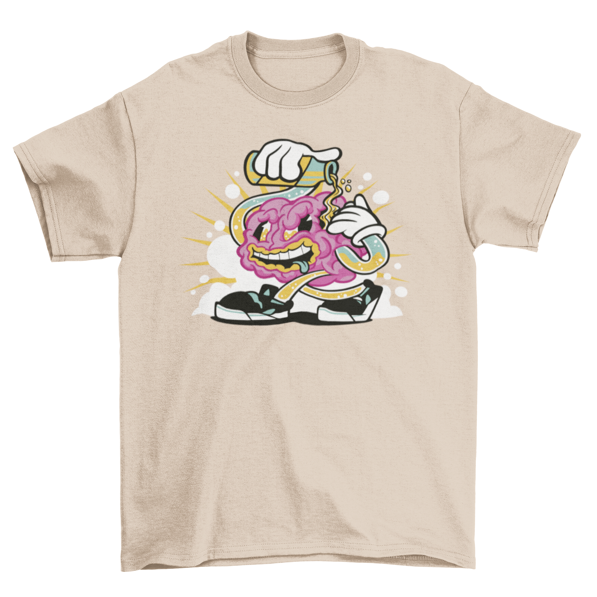 A humorous cartoon t-shirt featuring a brain pouring beer on itself, showcasing a fun and quirky design.