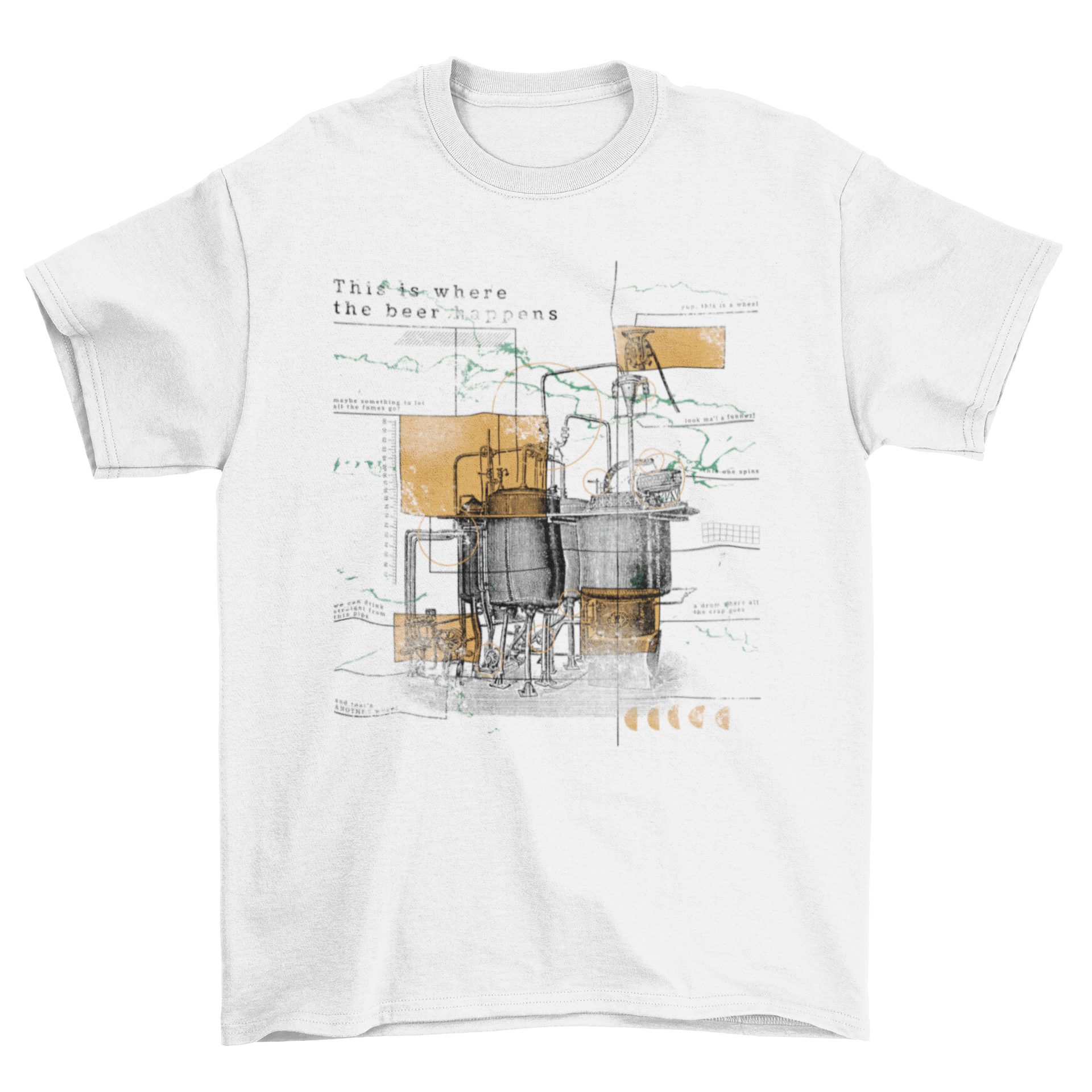 A humorous t-shirt featuring a colorful beer factory infographic with funny explanations of each part.