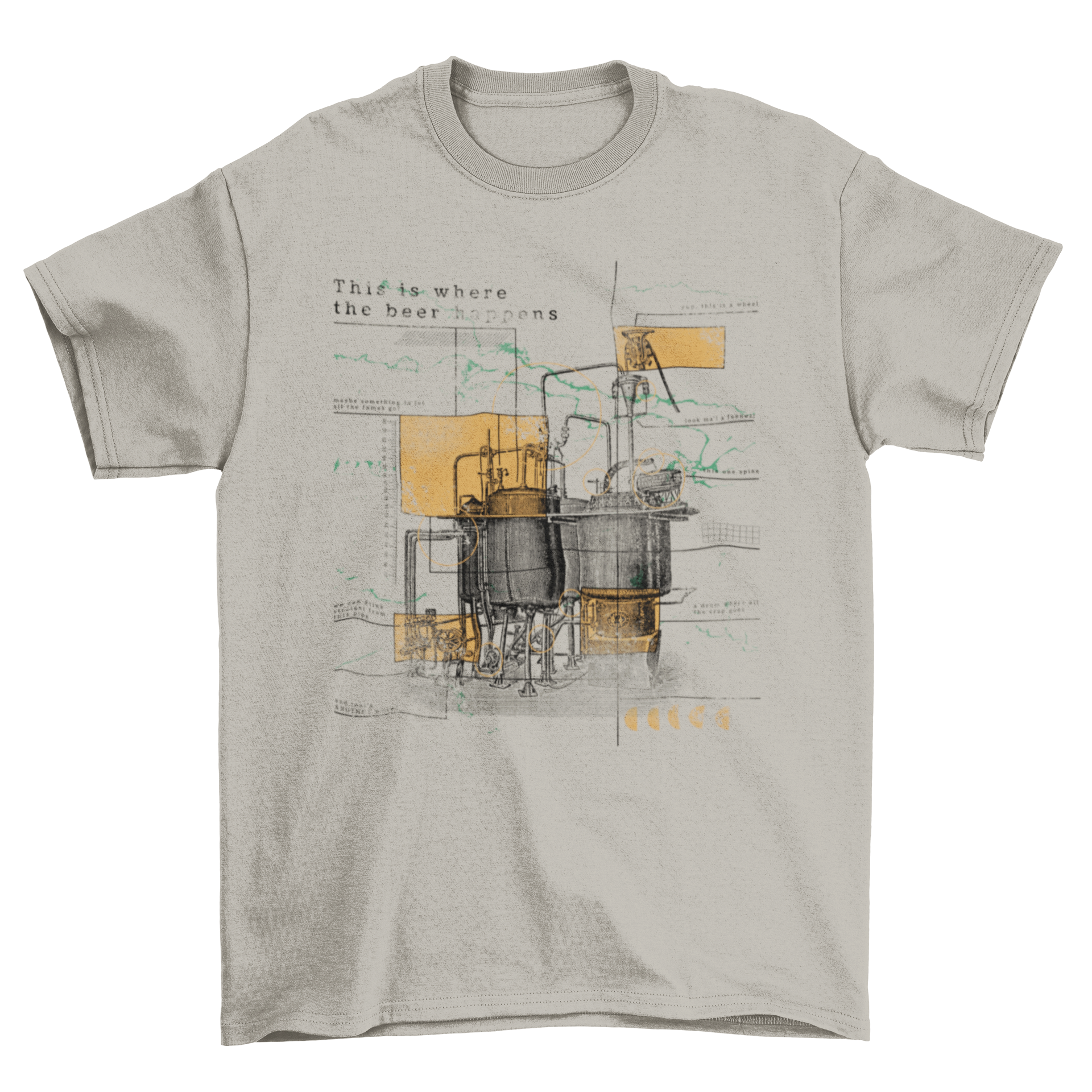 A humorous t-shirt featuring a colorful beer factory infographic with funny explanations of each part.