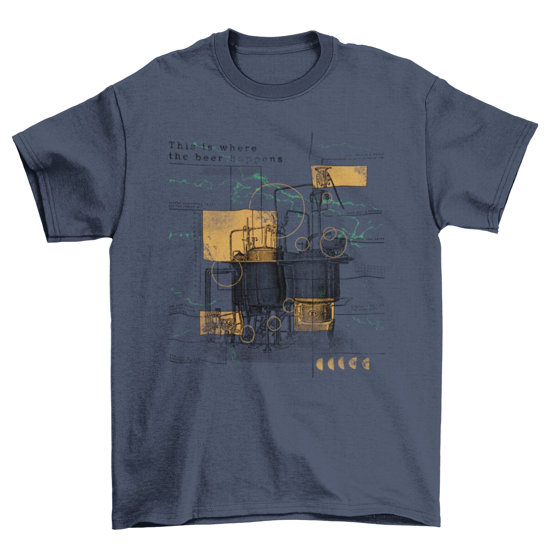 A humorous t-shirt featuring a colorful beer factory infographic with funny explanations of each part.