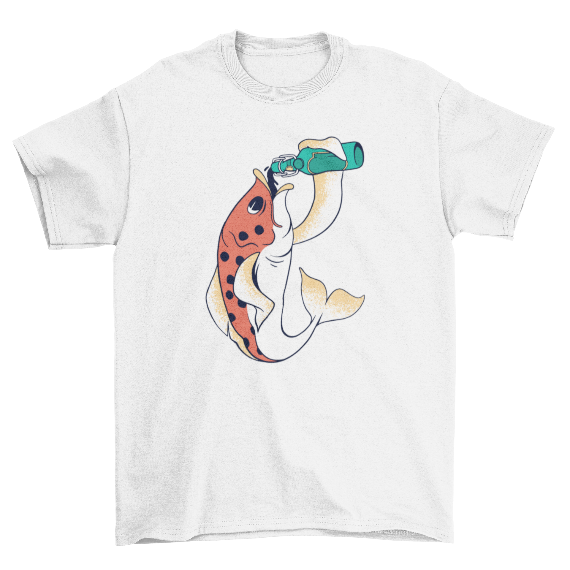 A fun t-shirt featuring a cartoon fish happily drinking a bottle of beer, perfect for casual wear.