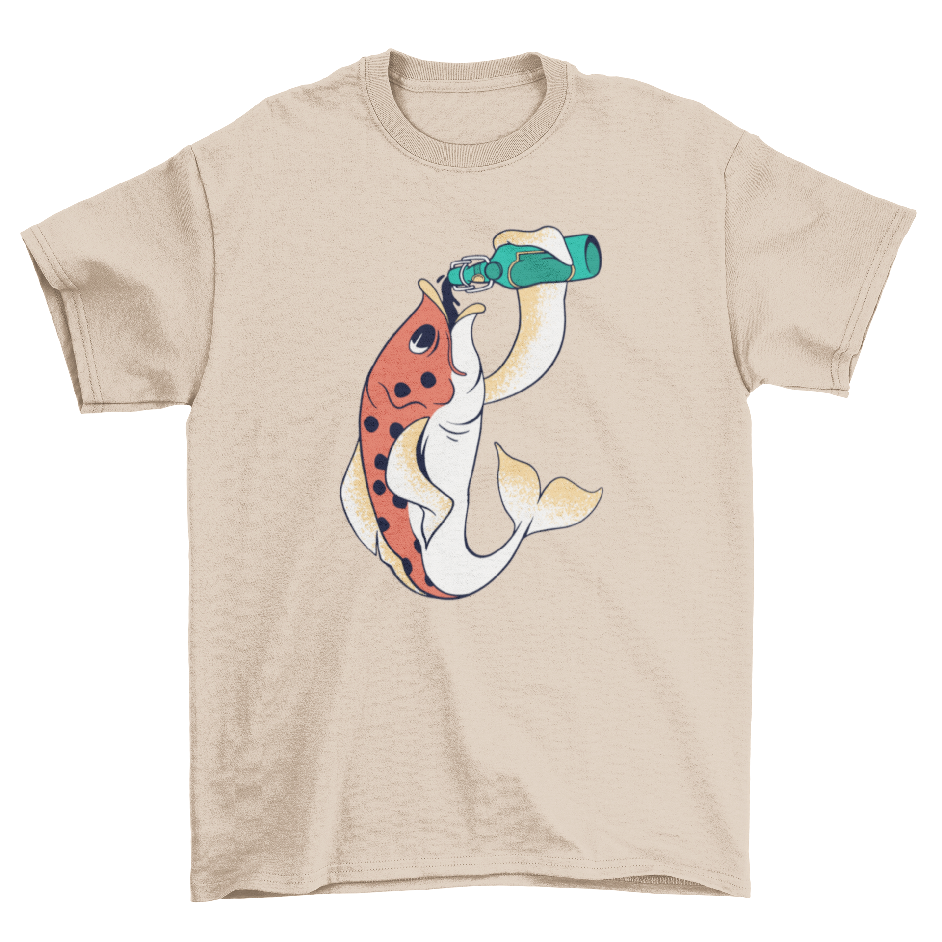 A fun t-shirt featuring a cartoon fish happily drinking a bottle of beer, perfect for casual wear.