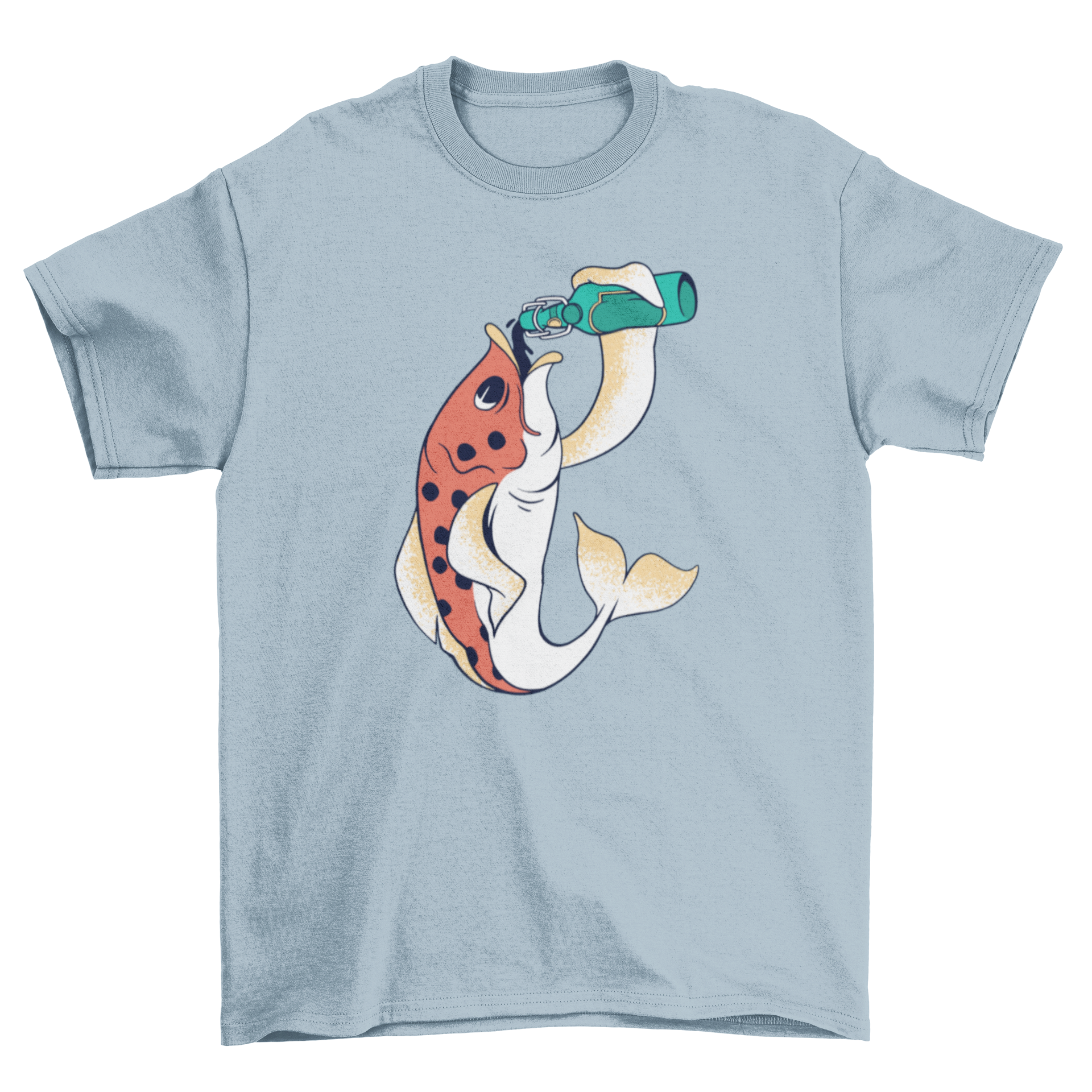 A fun t-shirt featuring a cartoon fish happily drinking a bottle of beer, perfect for casual wear.