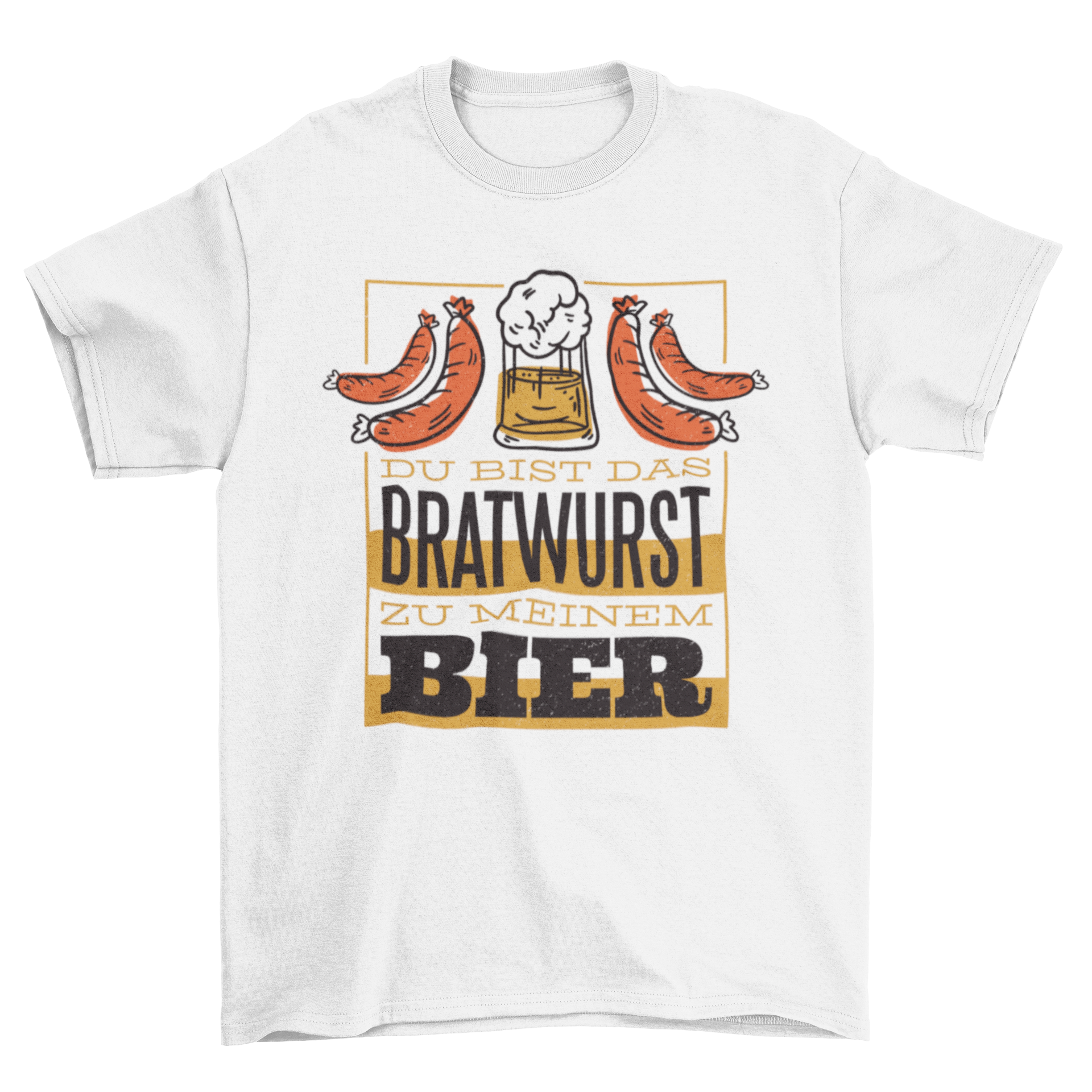 A stylish t-shirt design featuring a beer mug, two sausages, and a German quote about beer and bratwurst.