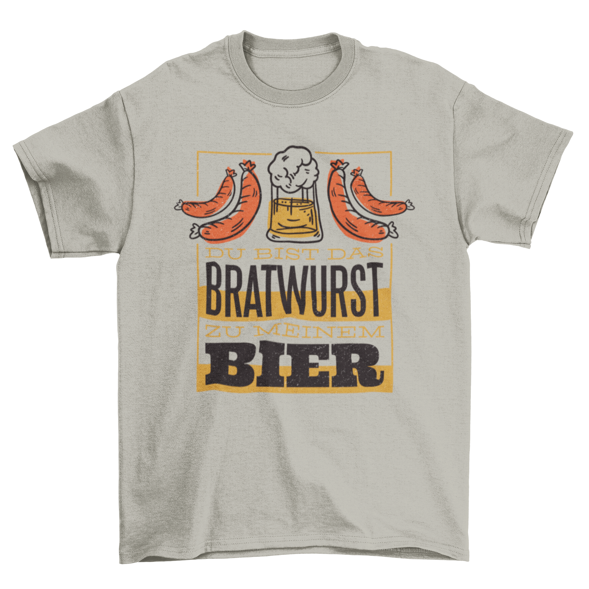 A stylish t-shirt design featuring a beer mug, two sausages, and a German quote about beer and bratwurst.