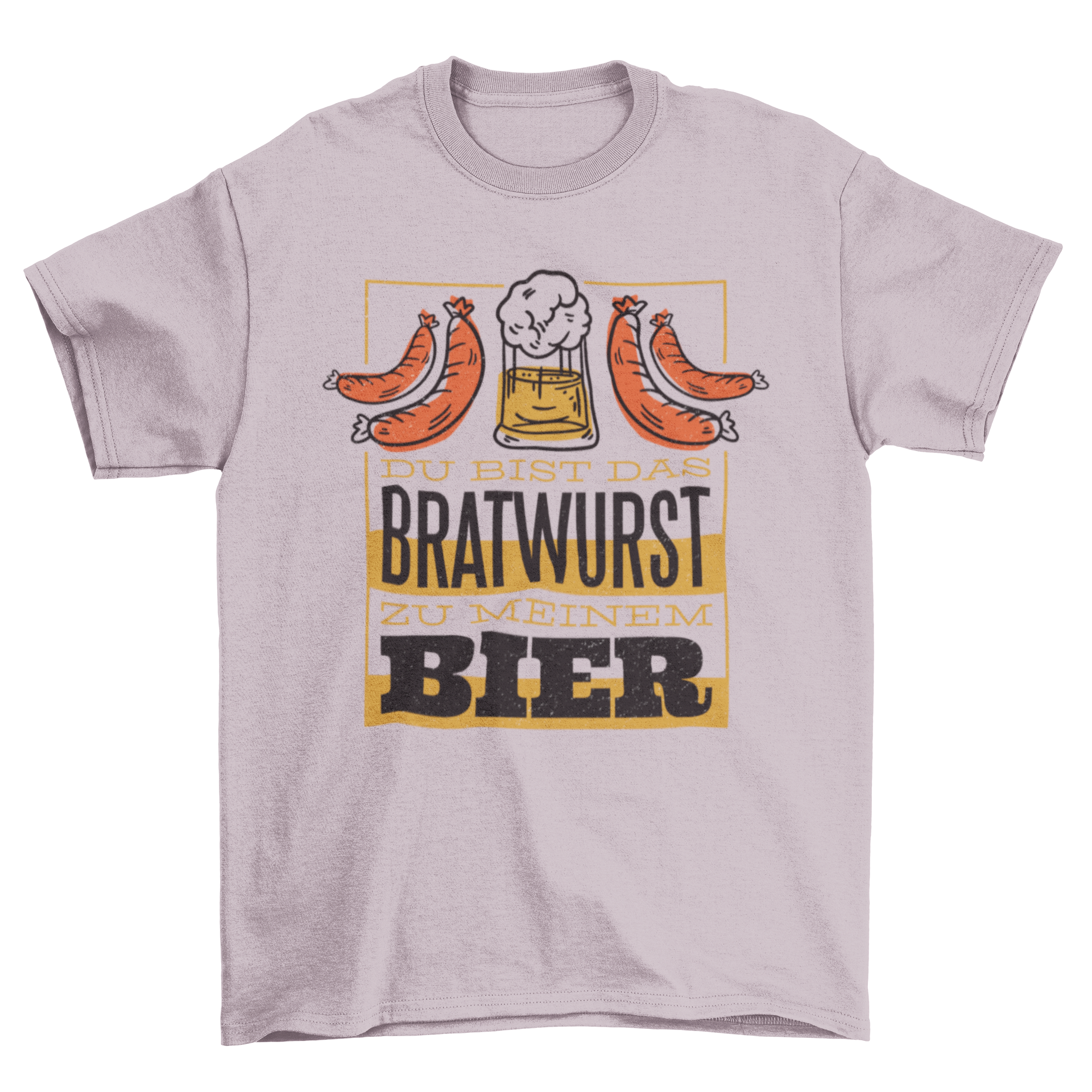 A stylish t-shirt design featuring a beer mug, two sausages, and a German quote about beer and bratwurst.