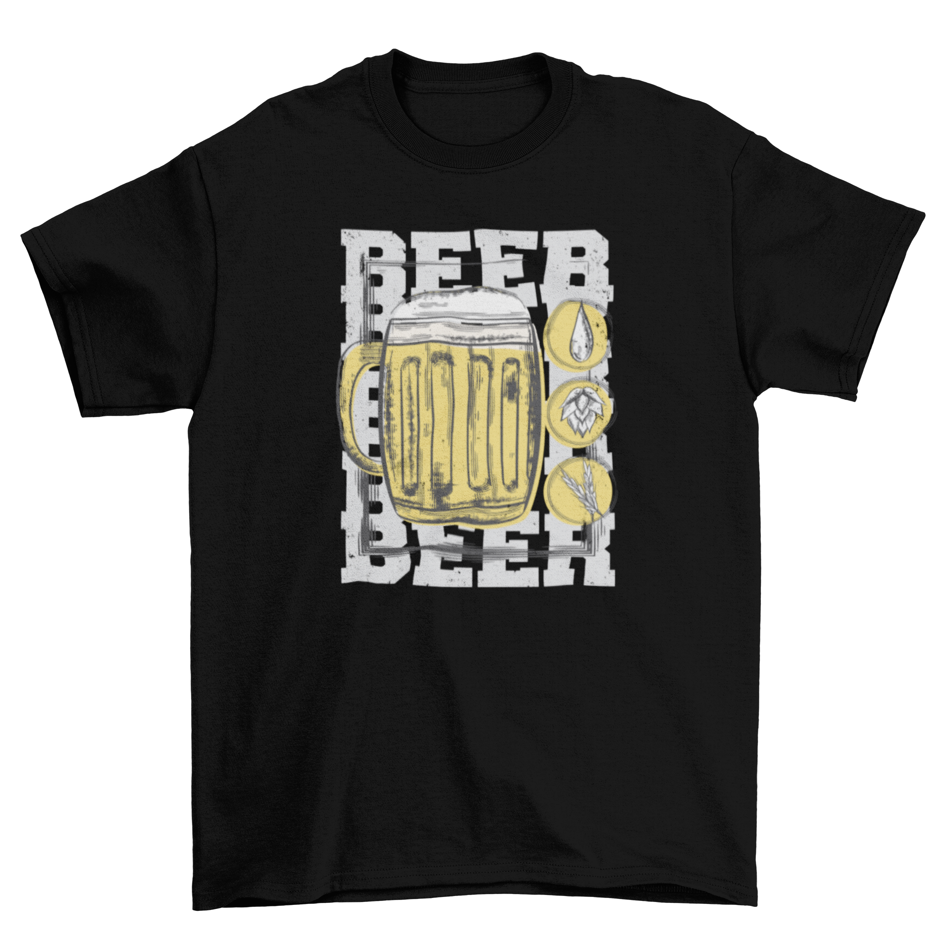 A stylish Beer Glass T-shirt featuring a frosty beer glass graphic and the word 'BEER' printed three times.