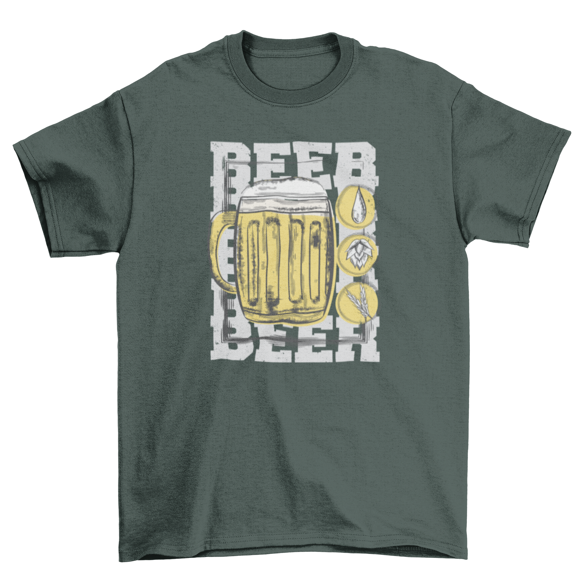 A stylish Beer Glass T-shirt featuring a frosty beer glass graphic and the word 'BEER' printed three times.