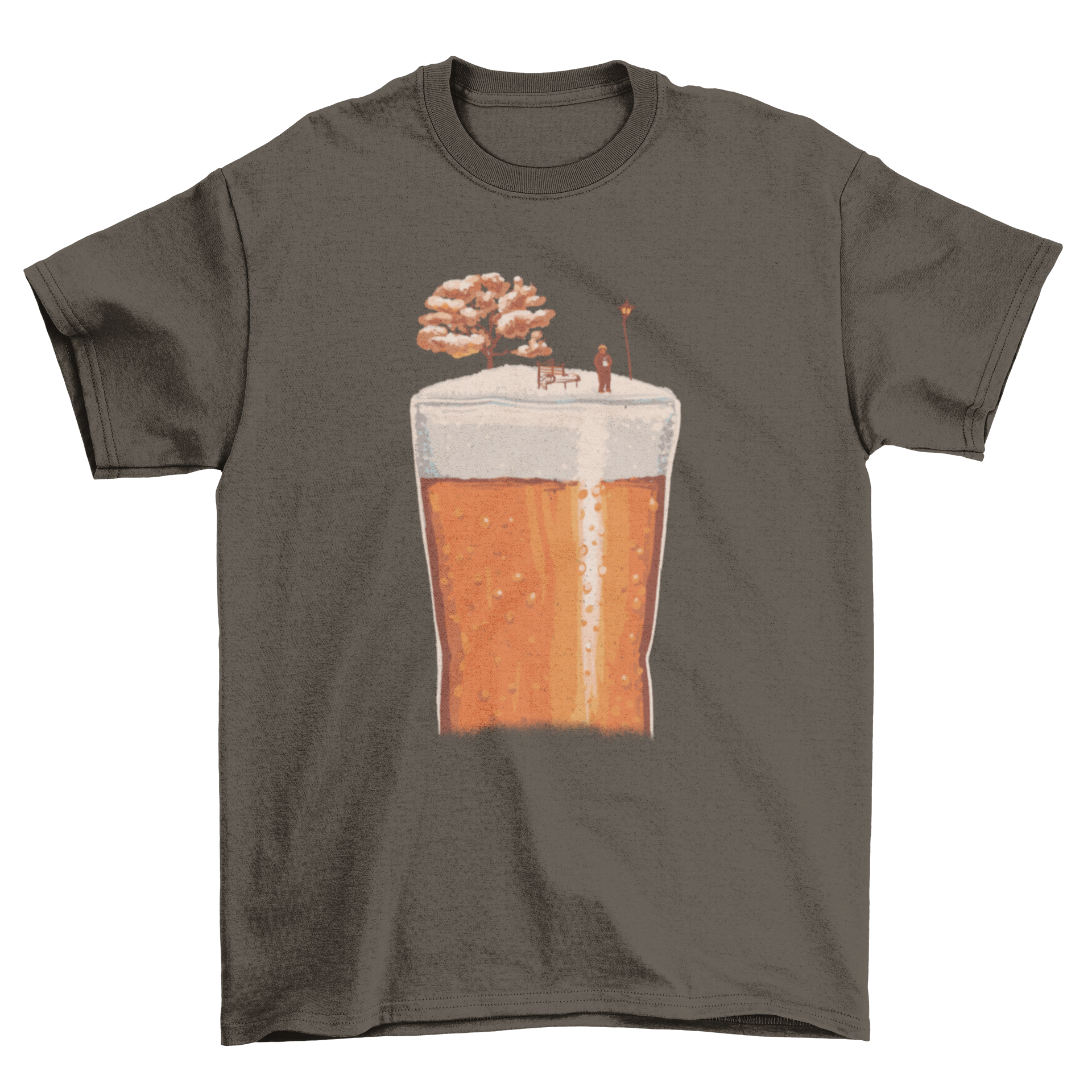 A stylish t-shirt featuring a winter scene over a beer glass foam, perfect for beer lovers.