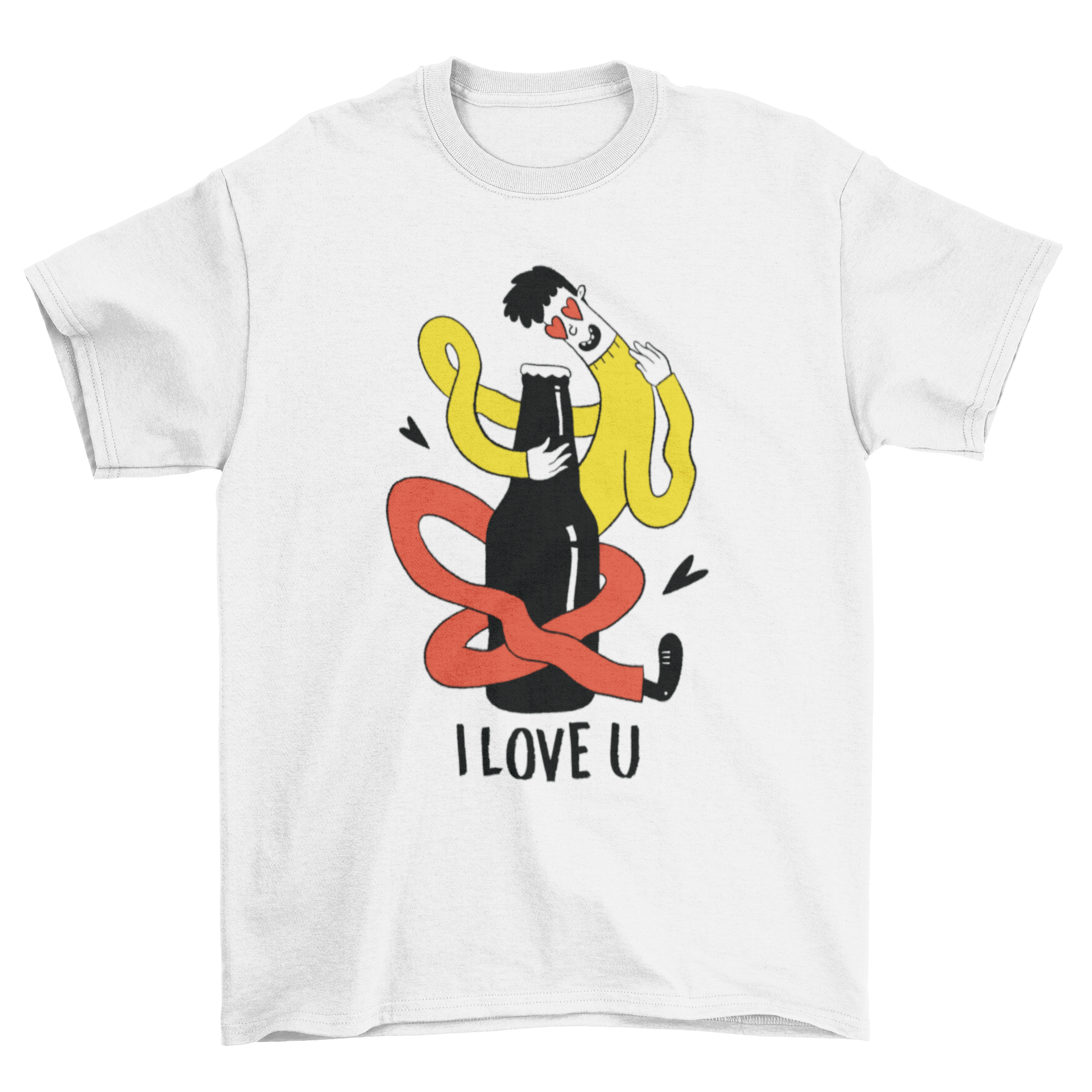 Beer Lover Cartoon T-shirt featuring a playful design of a man character hugging a beer bottle with the quote 'I LOVE U.'