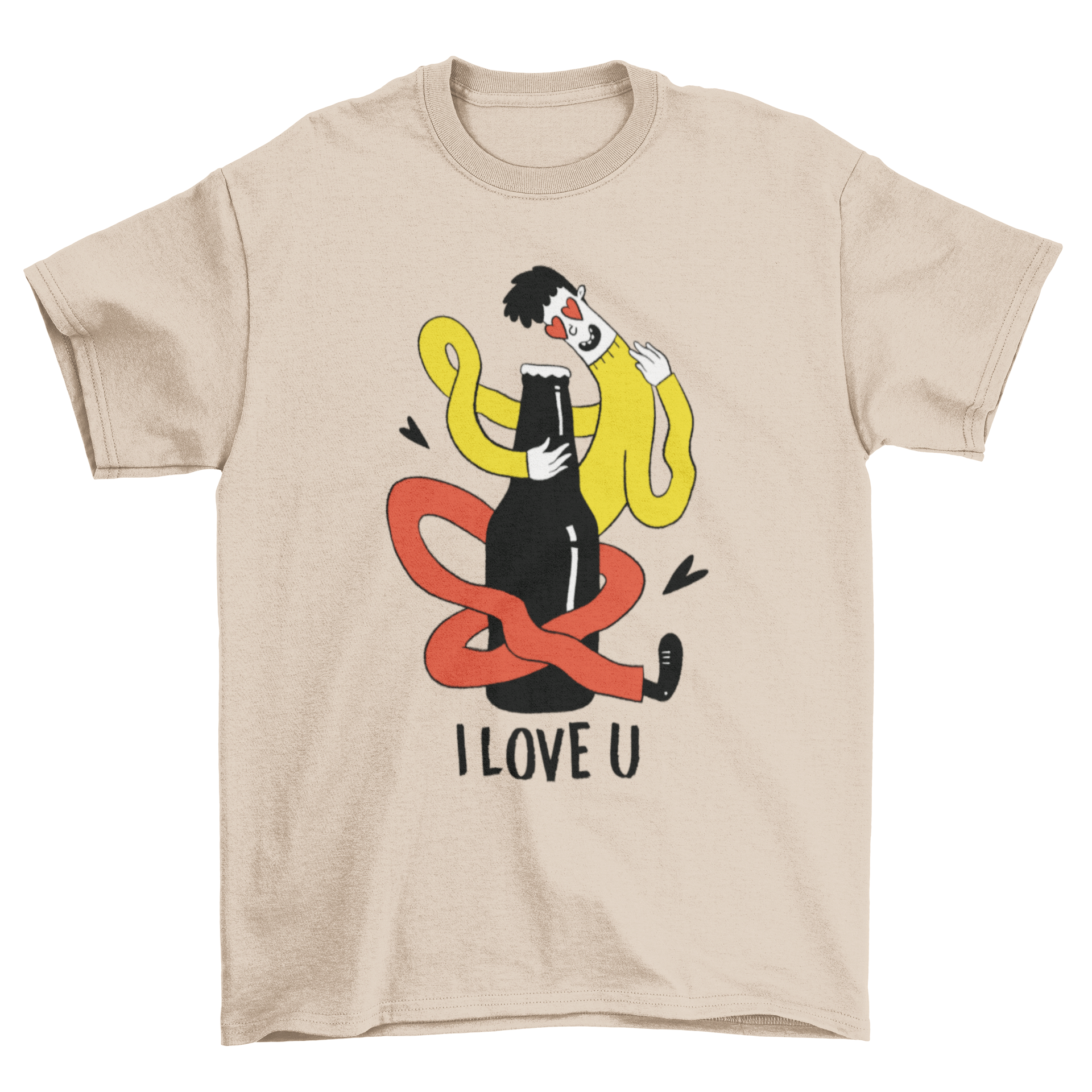 Beer Lover Cartoon T-shirt featuring a playful design of a man character hugging a beer bottle with the quote 'I LOVE U.'