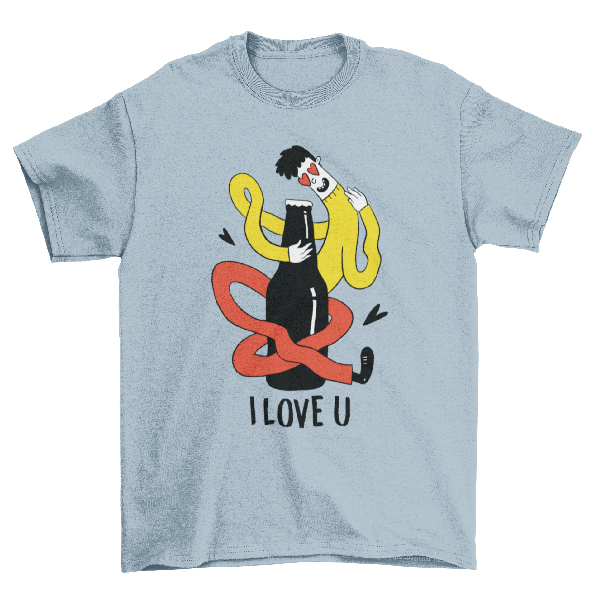 Beer Lover Cartoon T-shirt featuring a playful design of a man character hugging a beer bottle with the quote 'I LOVE U.'