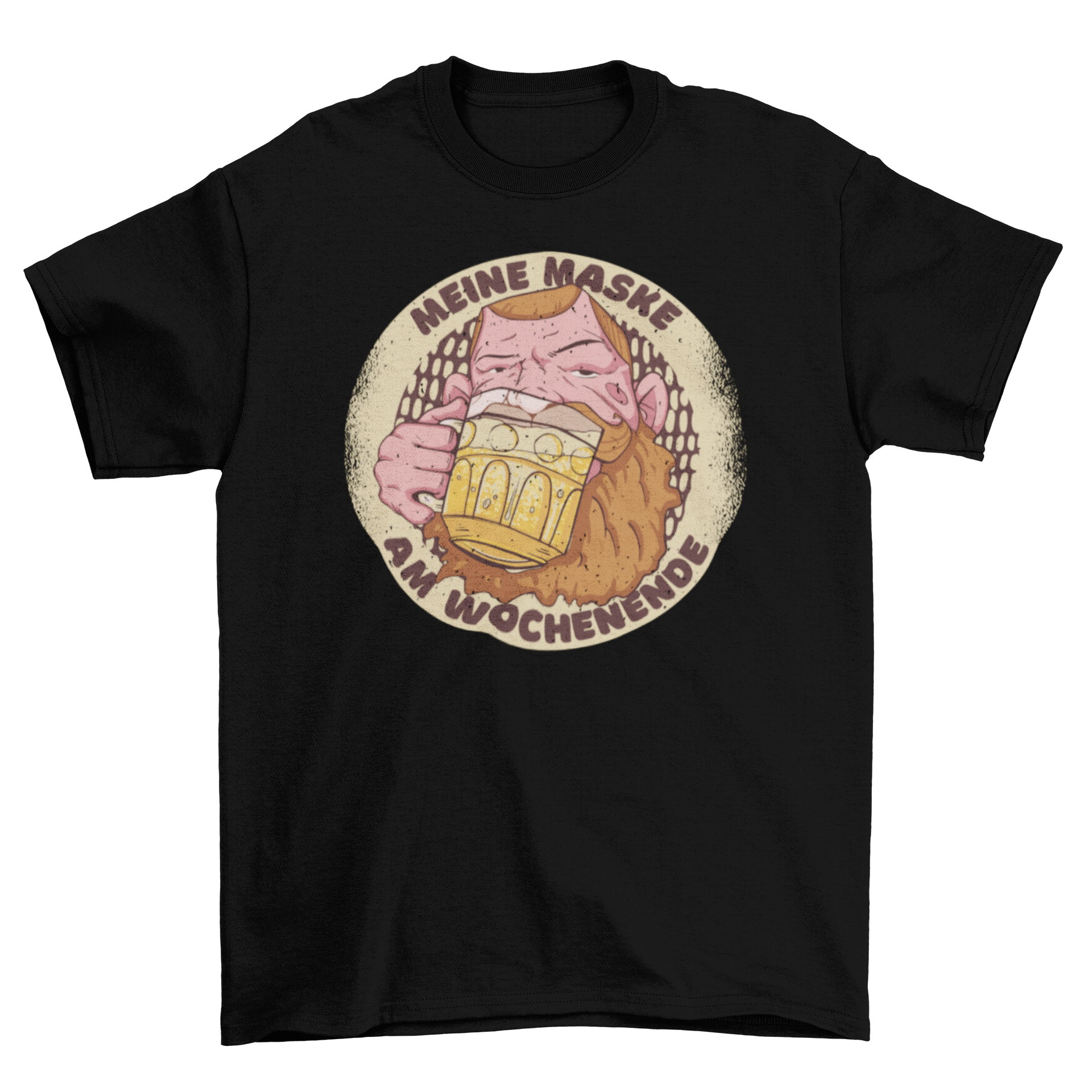 Beer Mask T-Shirt featuring a man drinking beer with a humorous German quote.