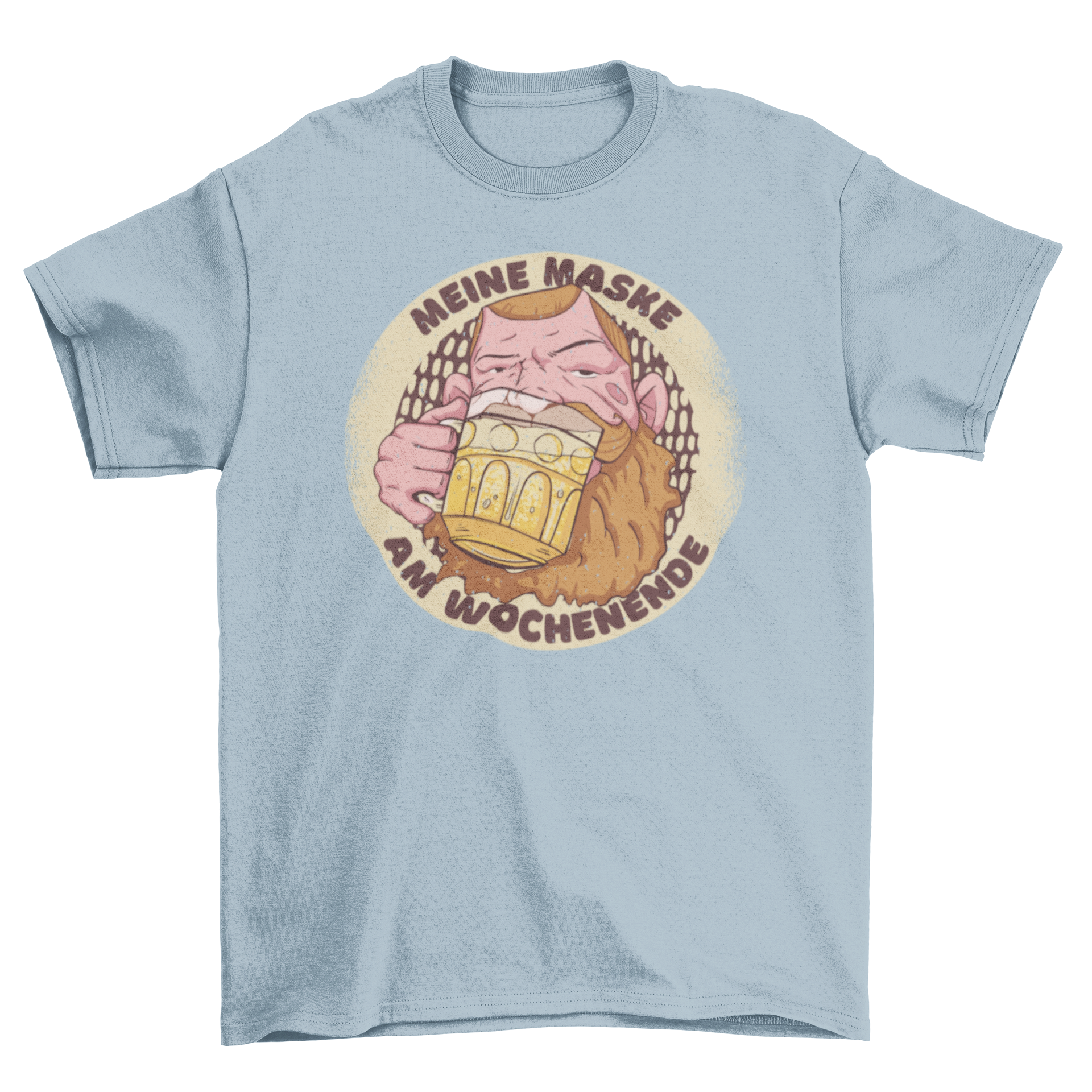 Beer Mask T-Shirt featuring a man drinking beer with a humorous German quote.