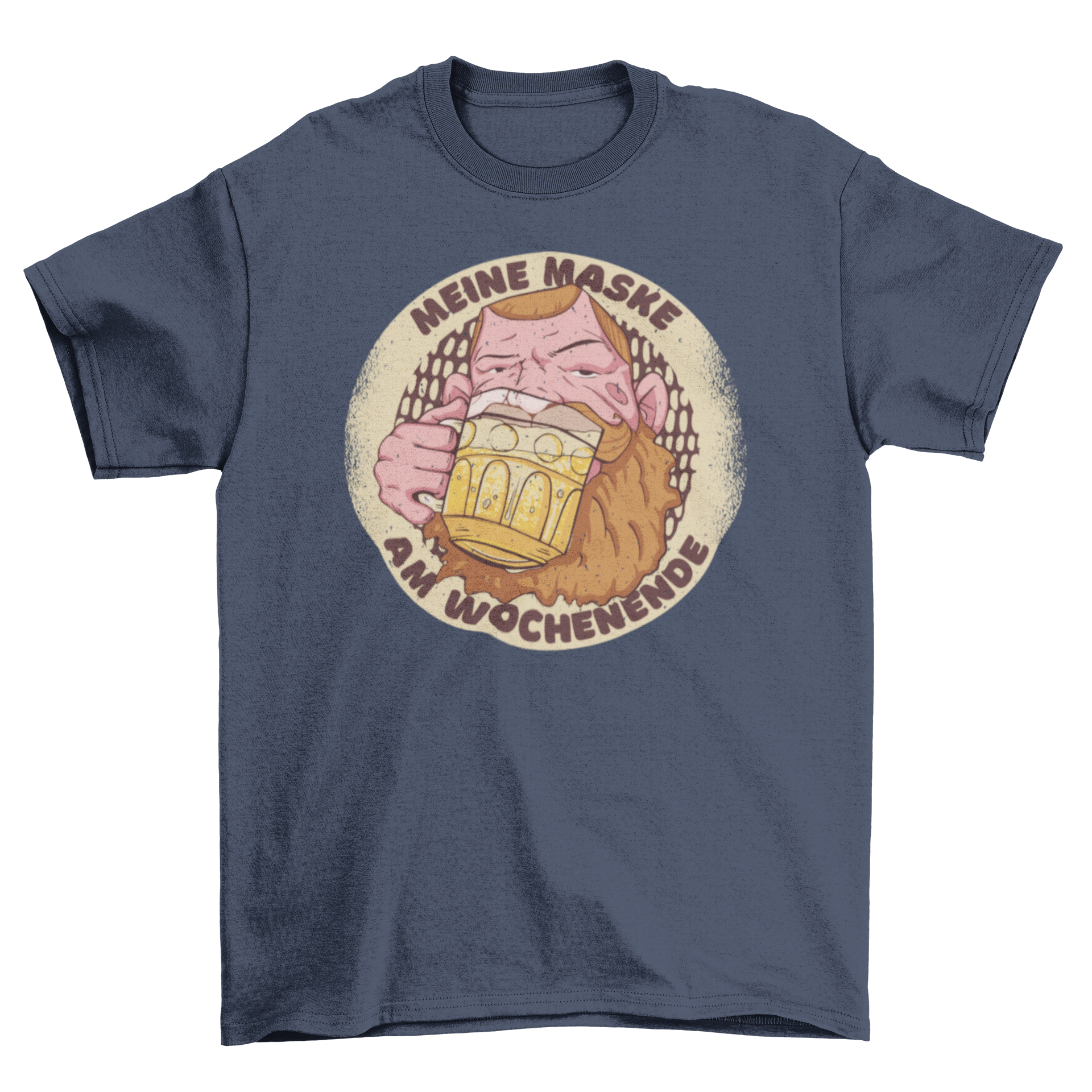 Beer Mask T-Shirt featuring a man drinking beer with a humorous German quote.