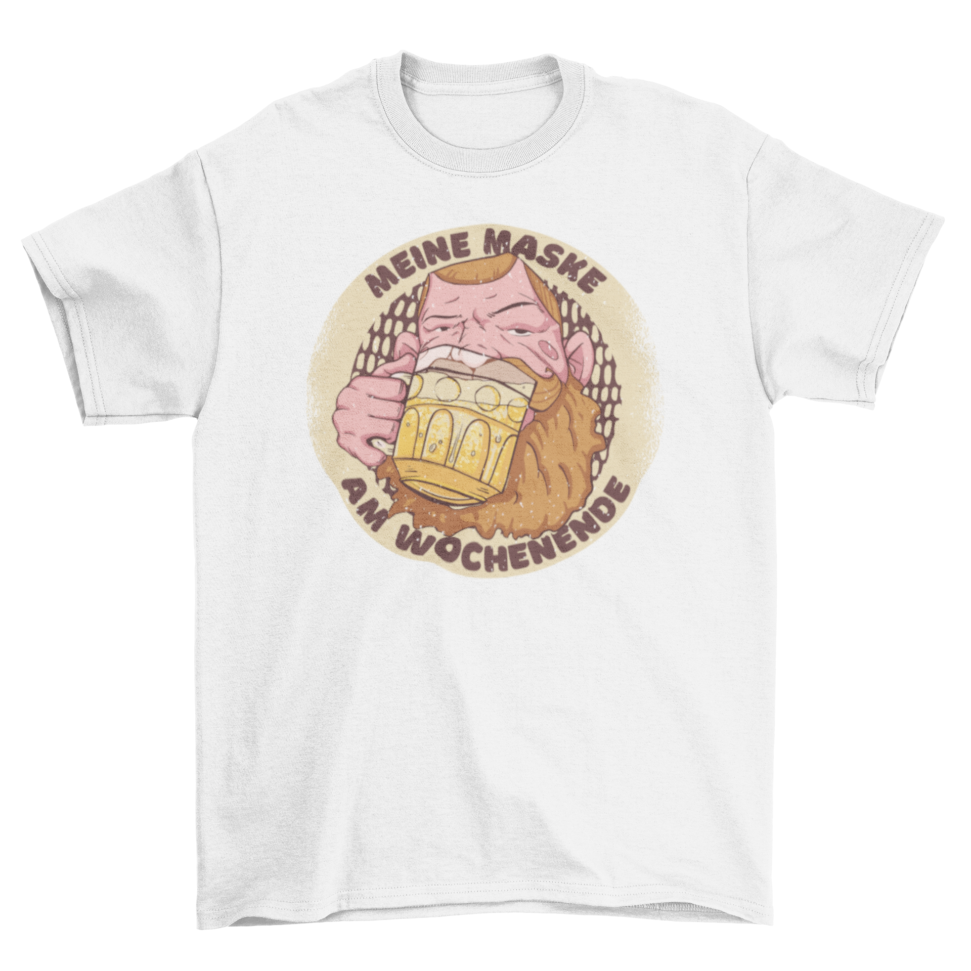 Beer Mask T-Shirt featuring a man drinking beer with a humorous German quote.