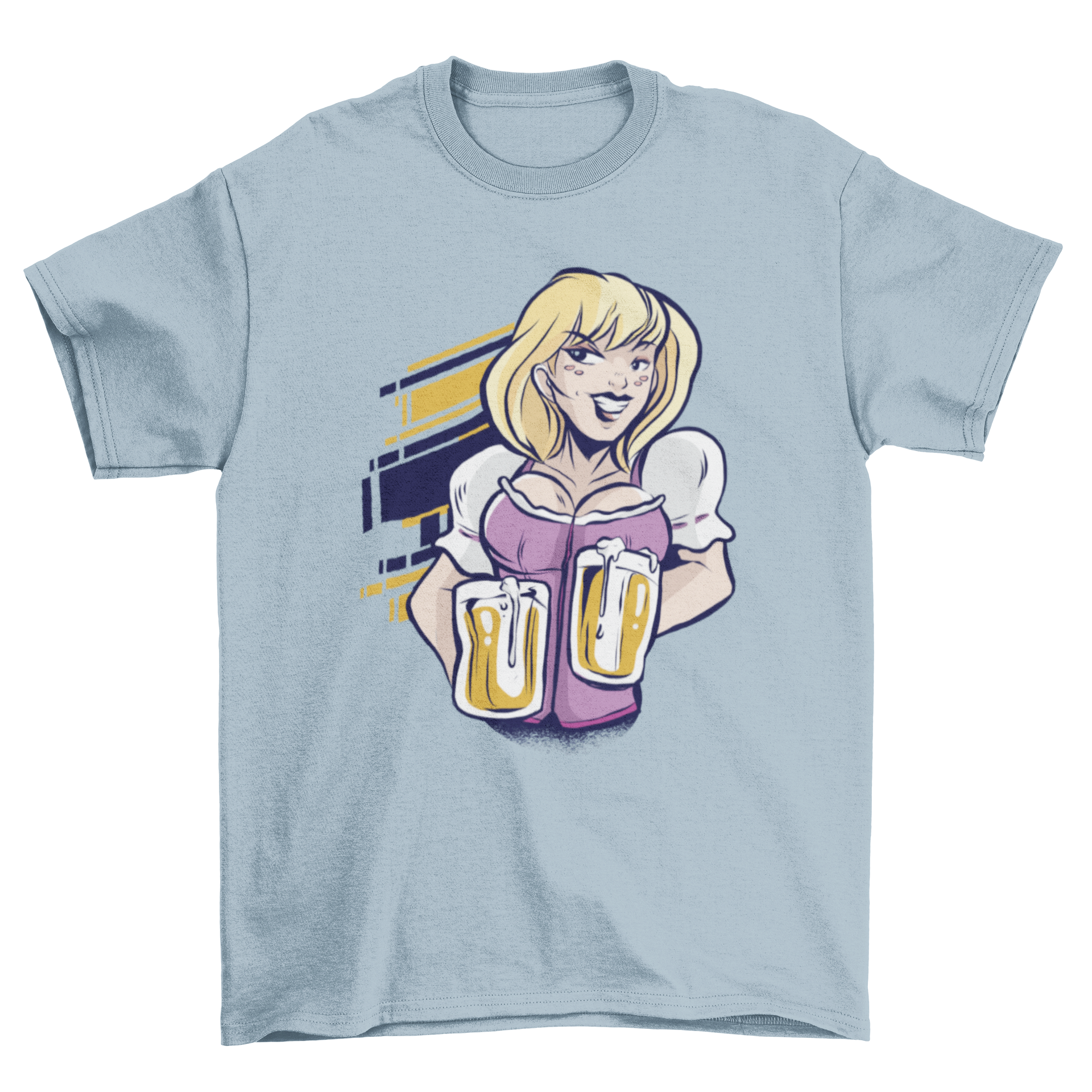 A stylish t-shirt featuring a beautiful blonde girl holding two beer mugs, set against an abstract geometric background.