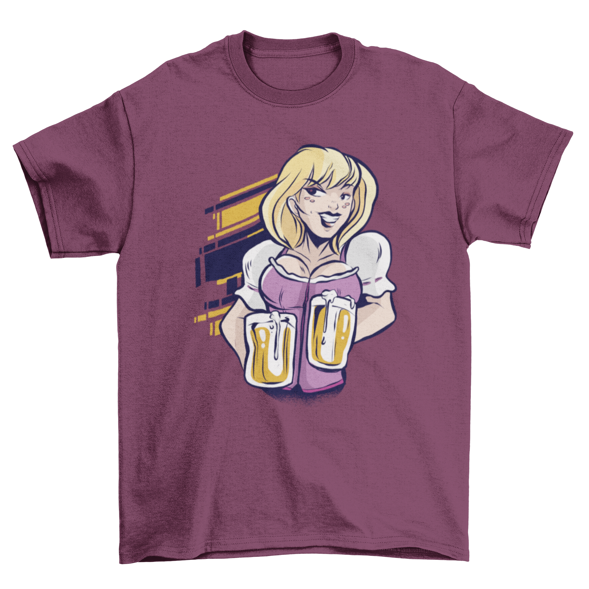 A stylish t-shirt featuring a beautiful blonde girl holding two beer mugs, set against an abstract geometric background.