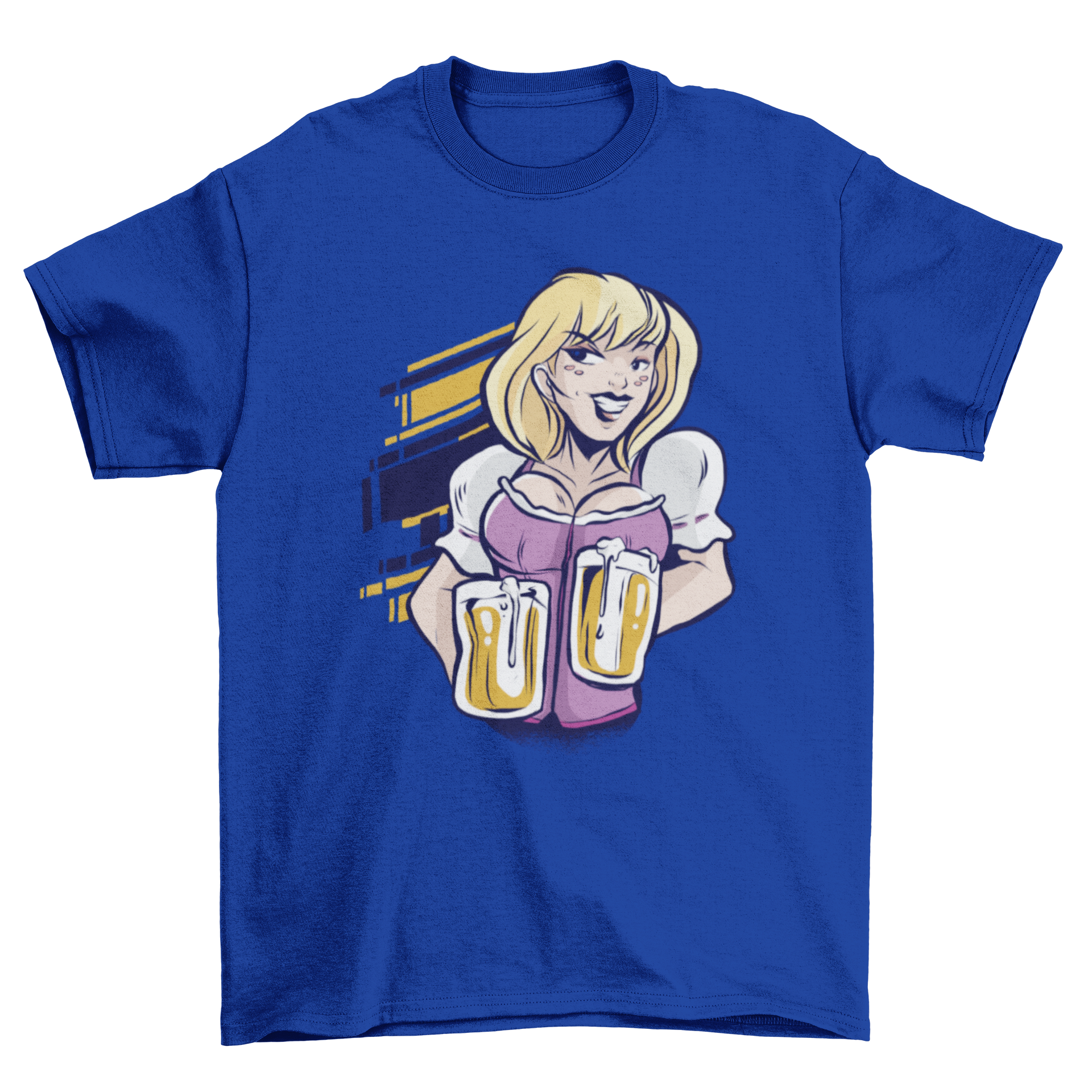 A stylish t-shirt featuring a beautiful blonde girl holding two beer mugs, set against an abstract geometric background.