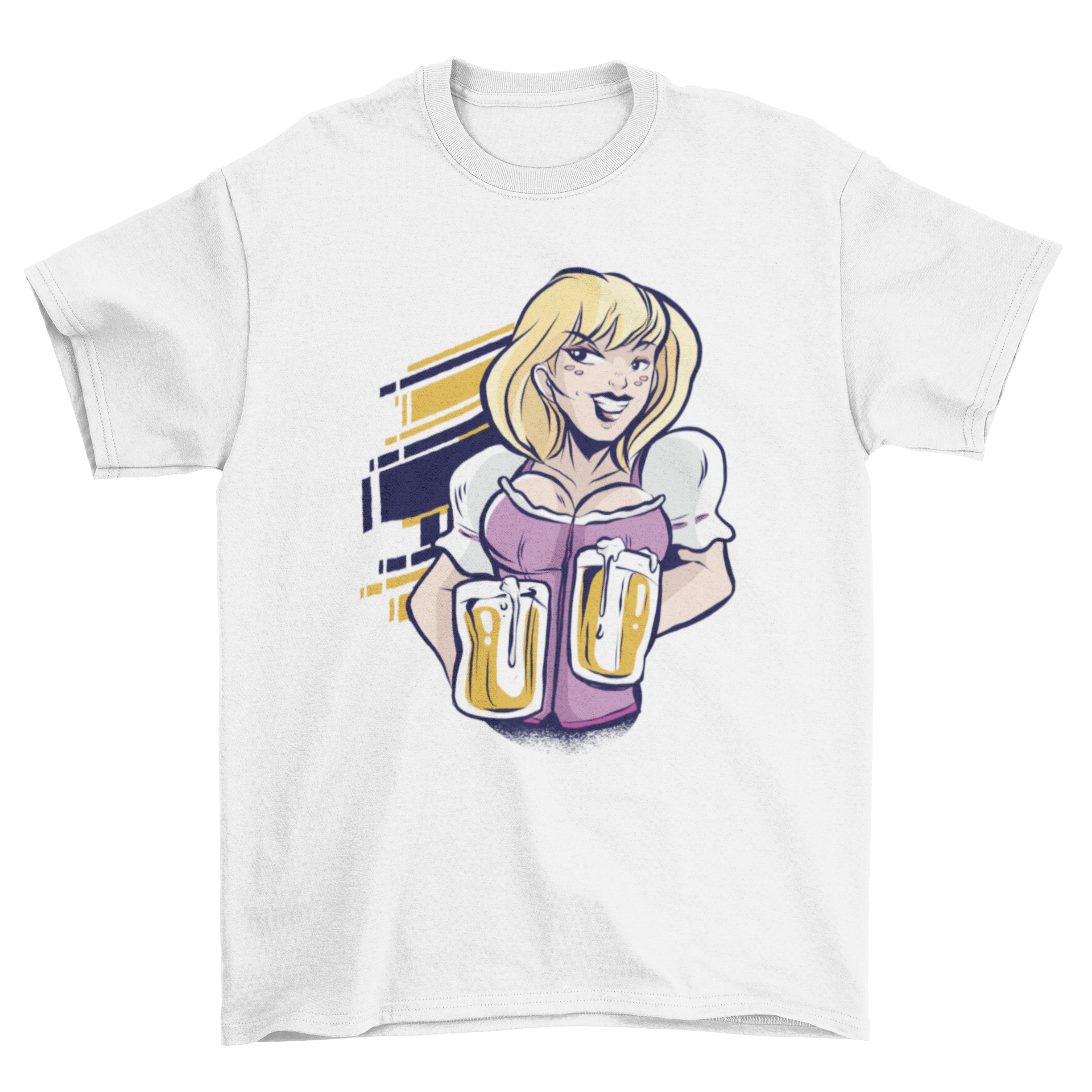 A stylish t-shirt featuring a beautiful blonde girl holding two beer mugs, set against an abstract geometric background.