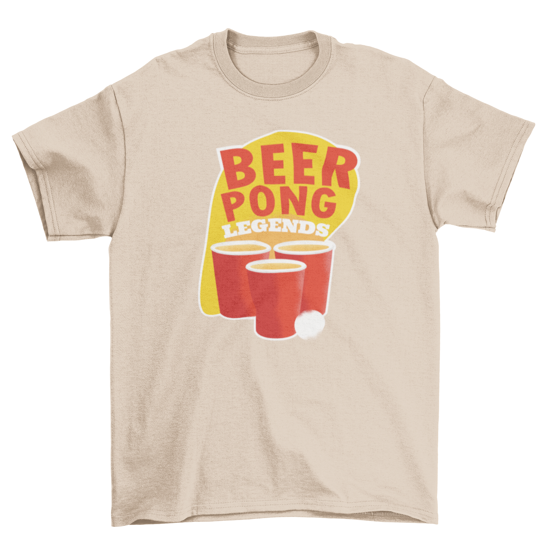 Beer Pong T-shirt featuring cups and ping pong ball design with 'Beer Pong Legends' text.