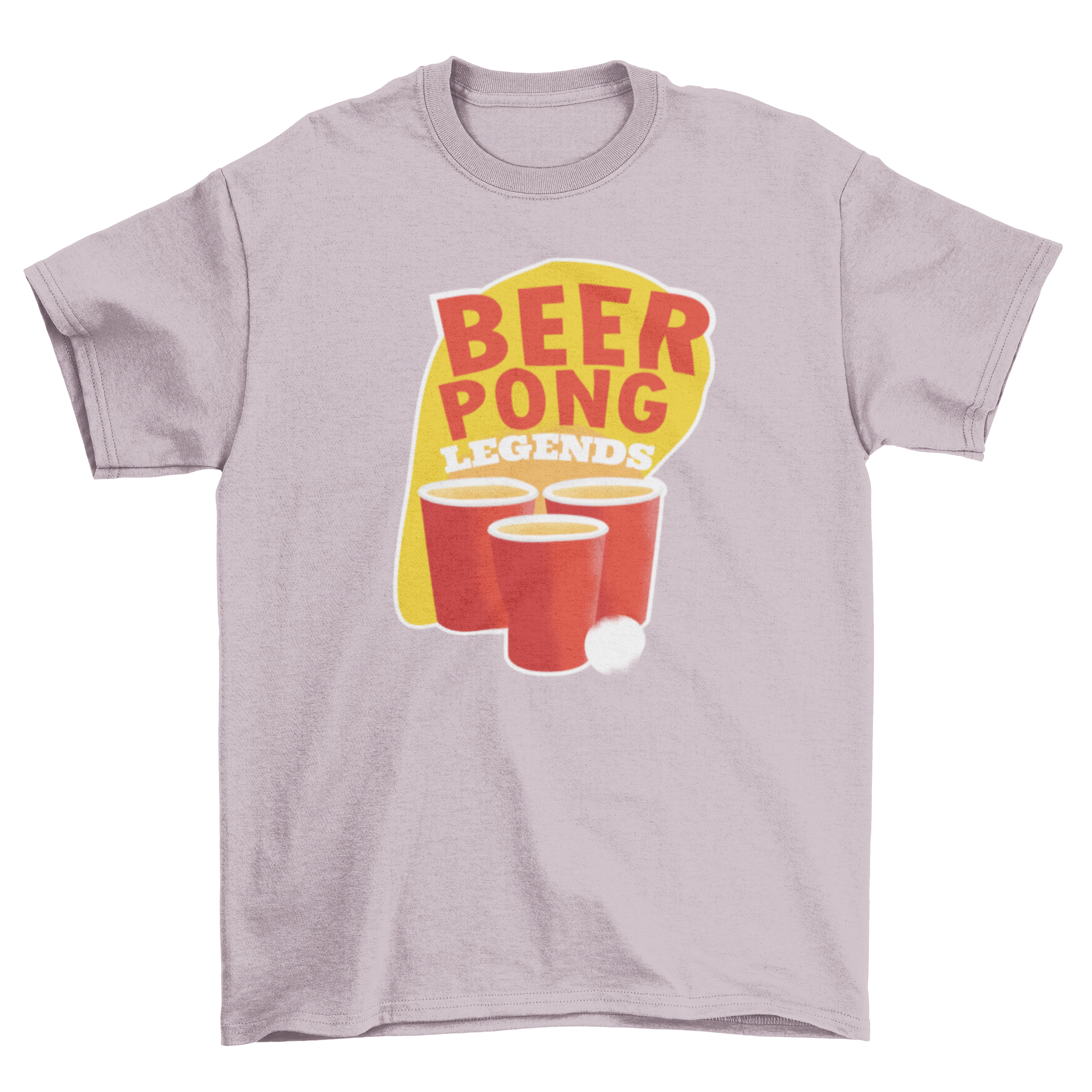 Beer Pong T-shirt featuring cups and ping pong ball design with 'Beer Pong Legends' text.