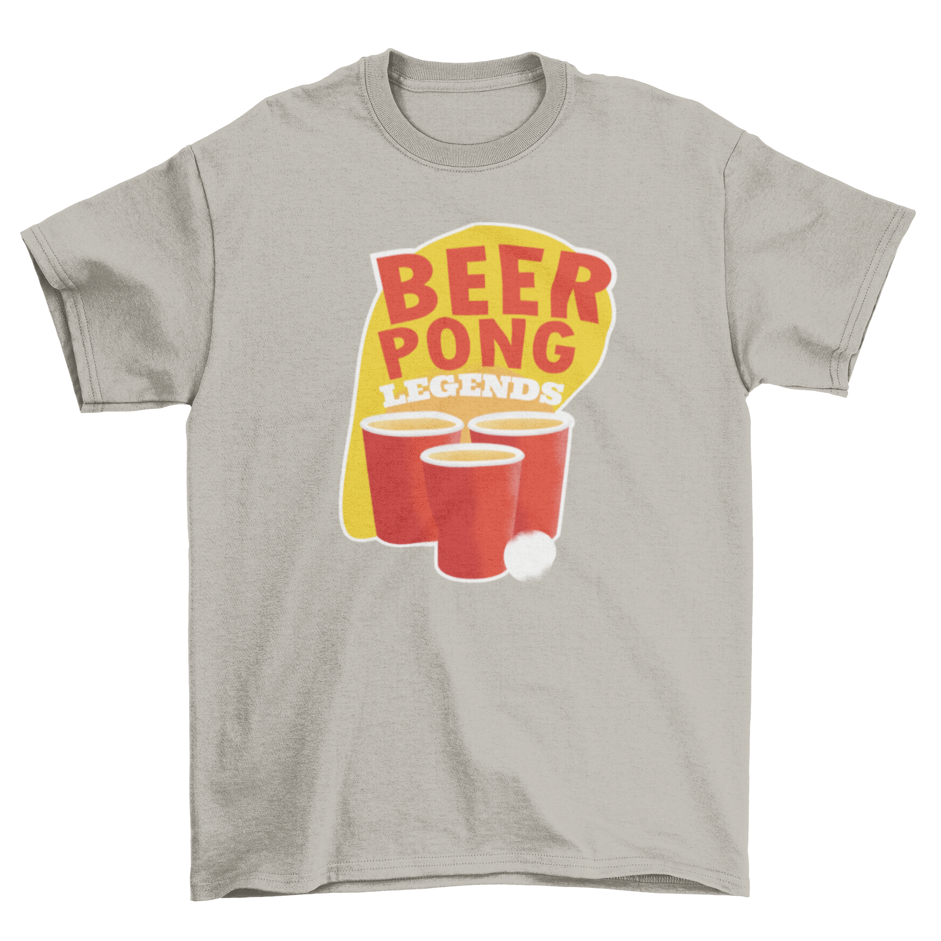 Beer Pong T-shirt featuring cups and ping pong ball design with 'Beer Pong Legends' text.