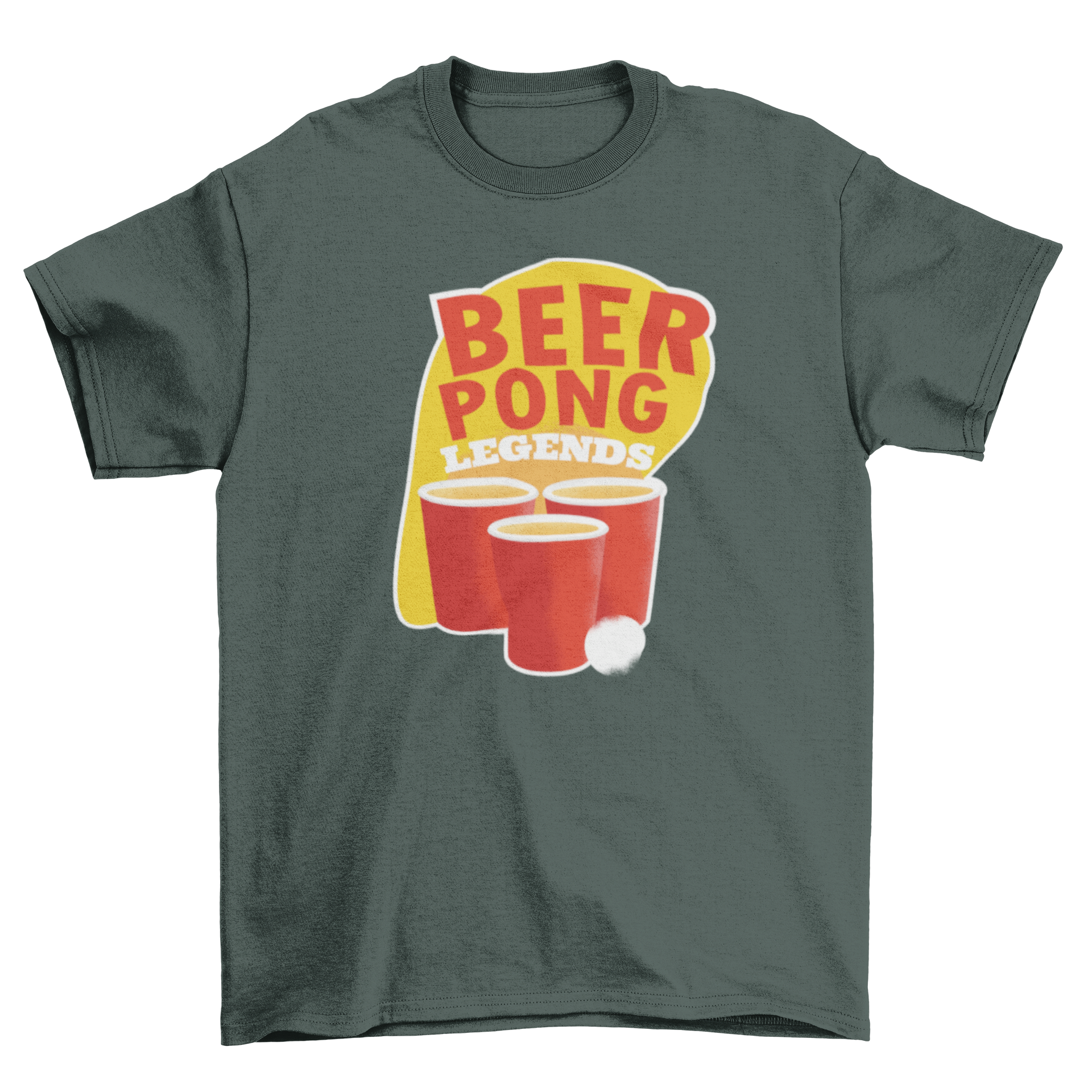 Beer Pong T-shirt featuring cups and ping pong ball design with 'Beer Pong Legends' text.