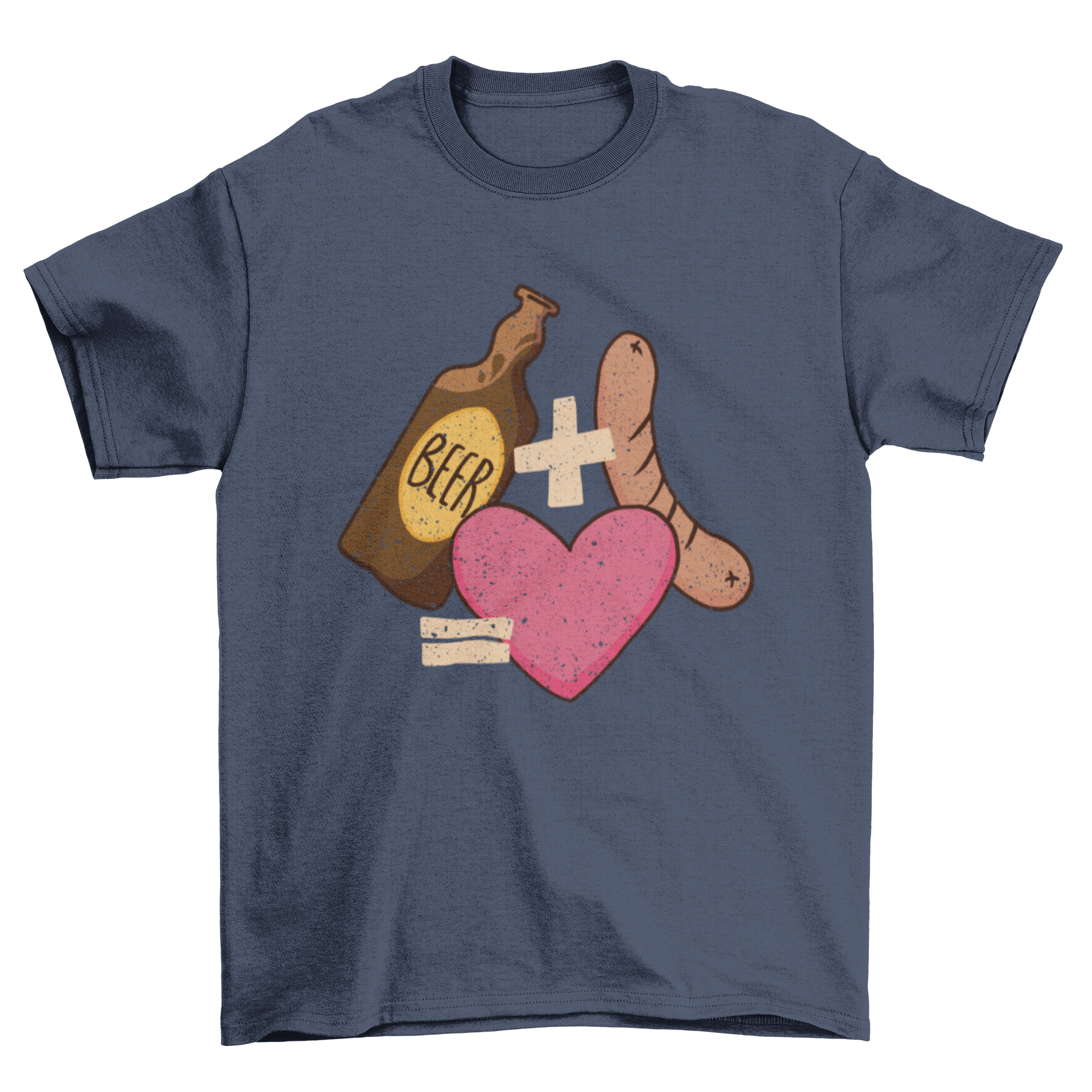 A playful t-shirt design featuring a beer bottle and sausage, symbolizing love.